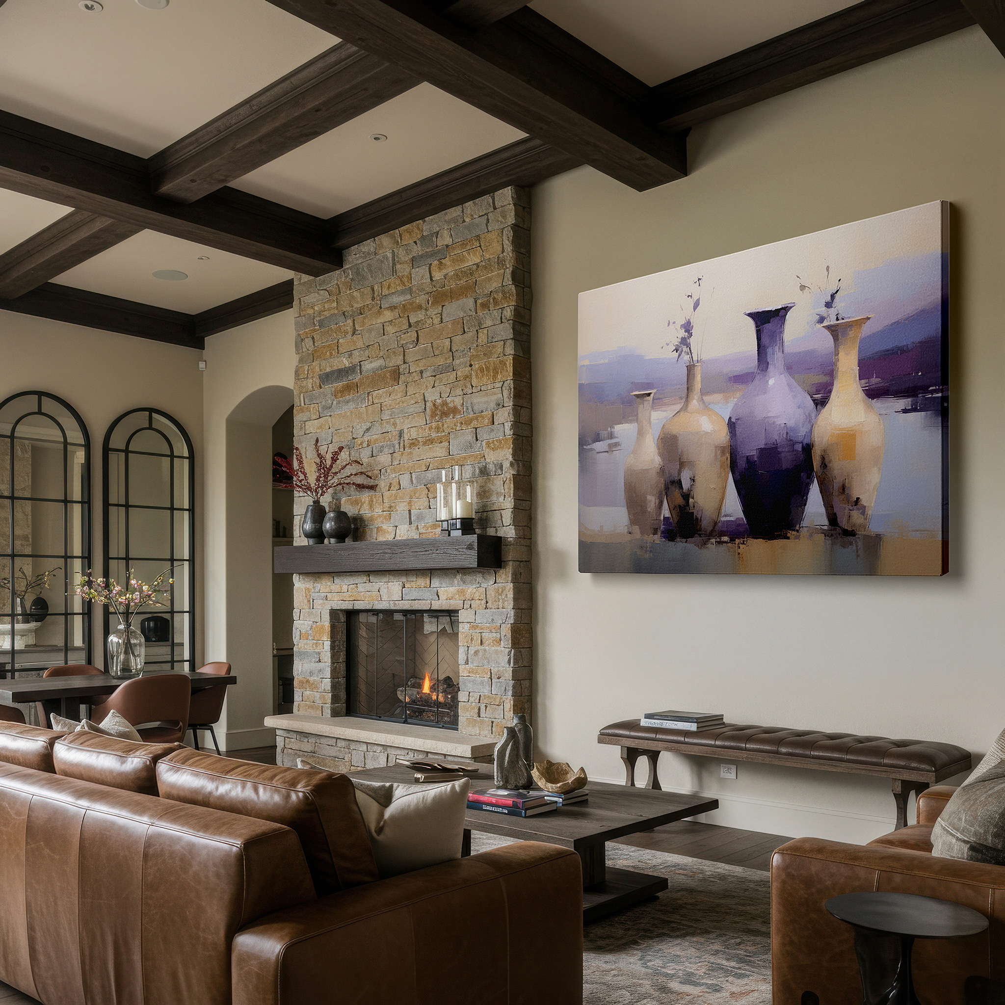 Mounted in a loft-style interior with exposed brick walls — contemporary vases by calm waters: a vibrant mix of vivid hues and peaceful imagery - oversized wall art, canvas prints, wall decor, office artwork