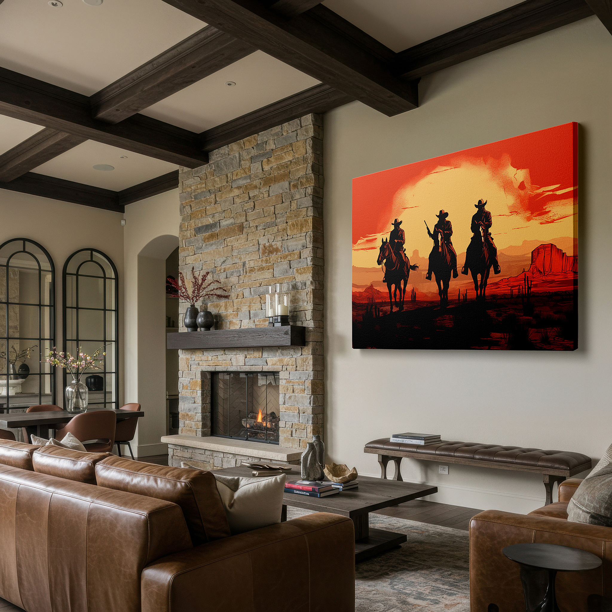 Mounted in a loft-style interior with exposed brick walls — cowboys riding horses at a fiery desert sunset - a striking emblem of liberty and exploration in the american west, large wall art, canvas wall art