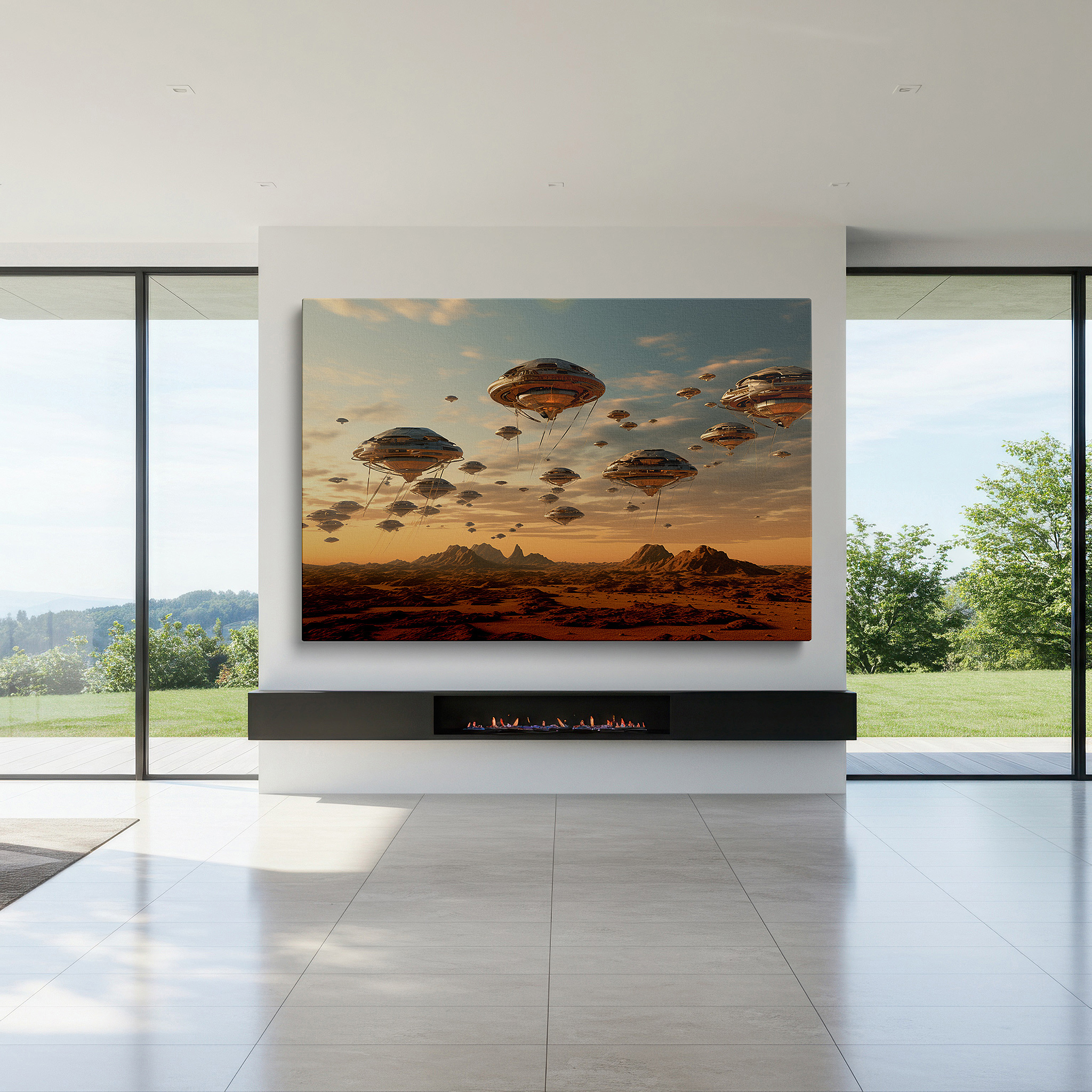 Mounted in a loft-style interior with exposed brick walls — desert dawn and cosmic mystery: ufo-themed large wall art, canvas decor for office, bedroom, and living room