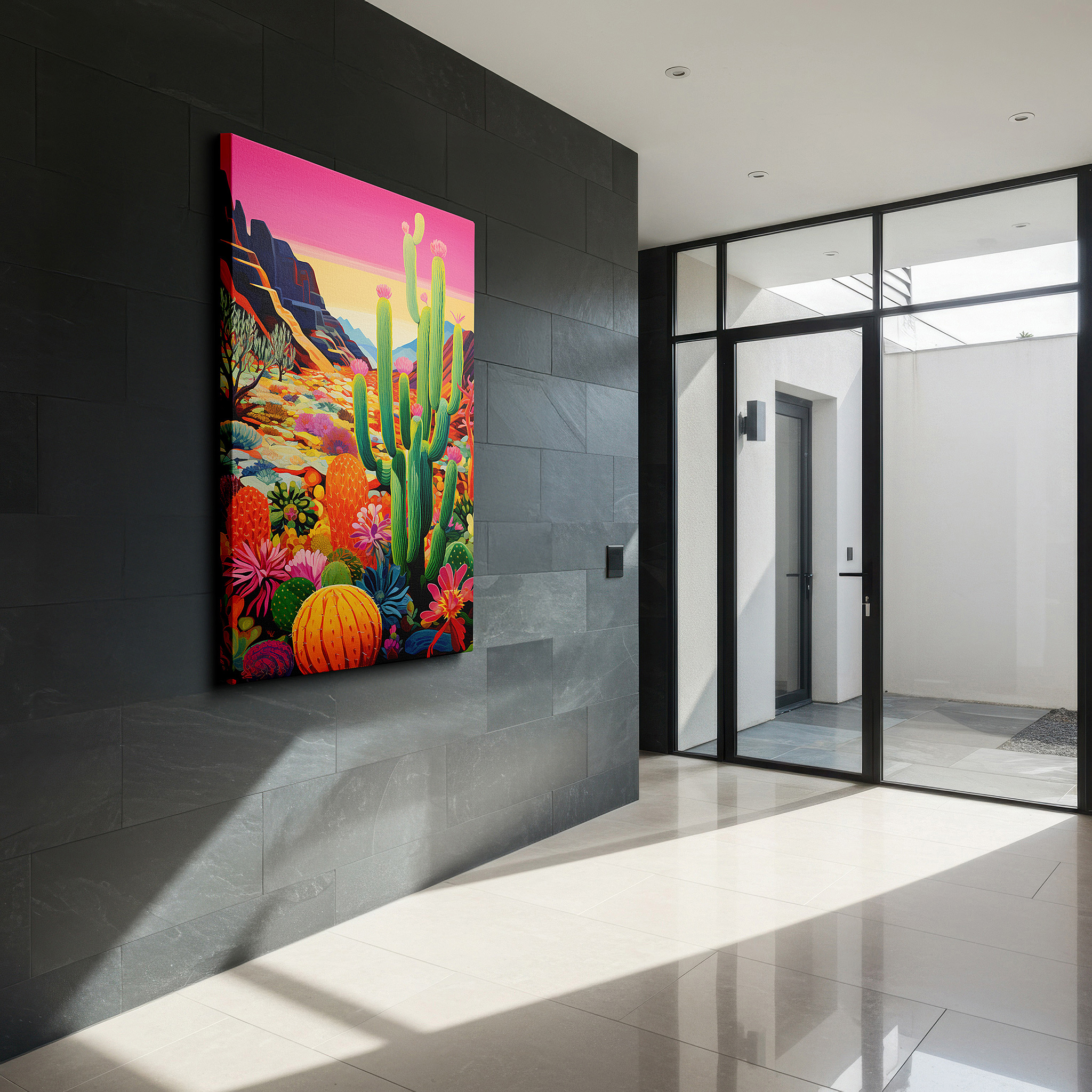 Mounted in a loft-style interior with exposed brick walls — desert majesty: tranquil and vibrant nature scene with cacti and mountain vistas - large canvas wall art for office decor