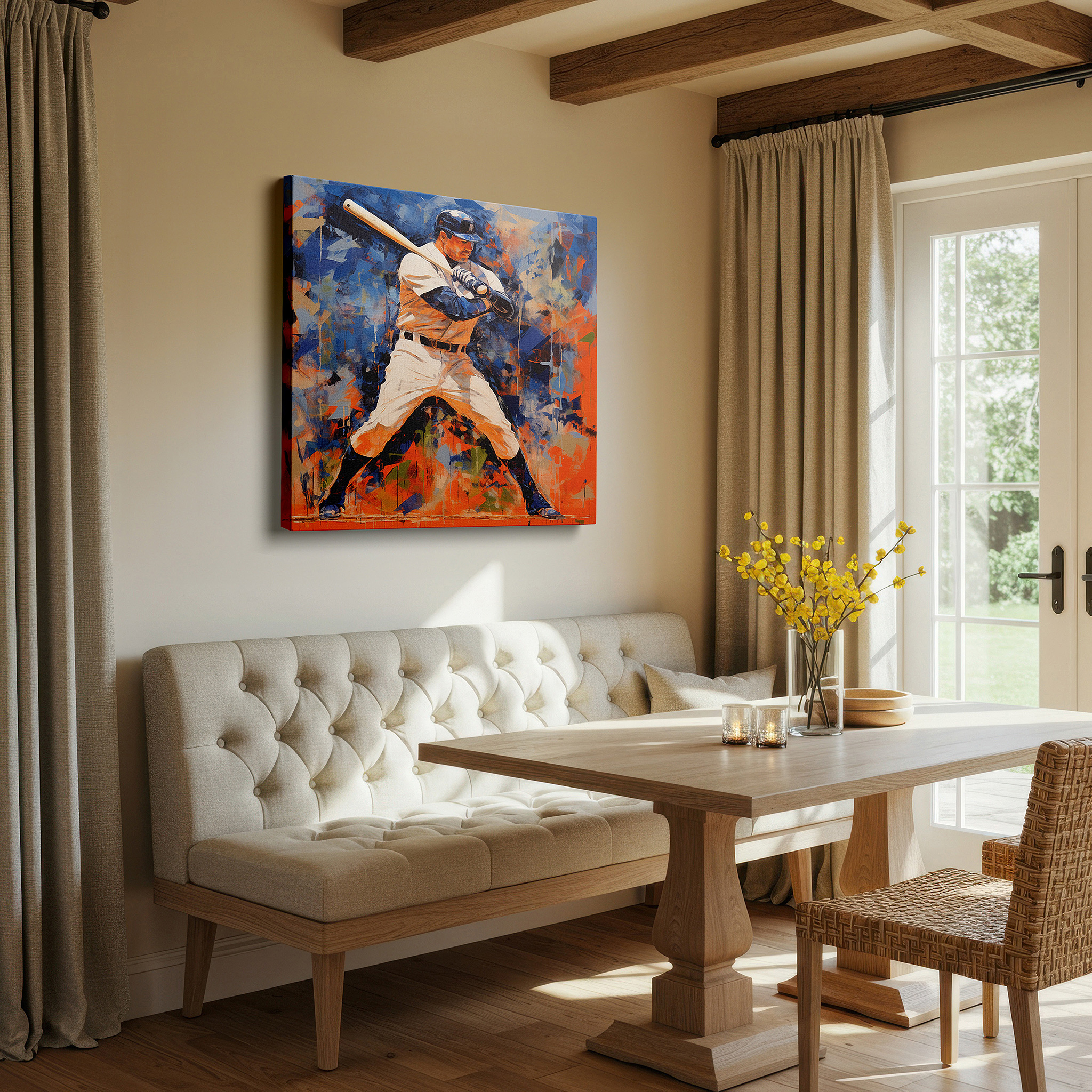 Mounted in a loft-style interior with exposed brick walls — dynamic baseball swing wall art: a vivid tribute to america's beloved sport - large canvas wall art for office decor