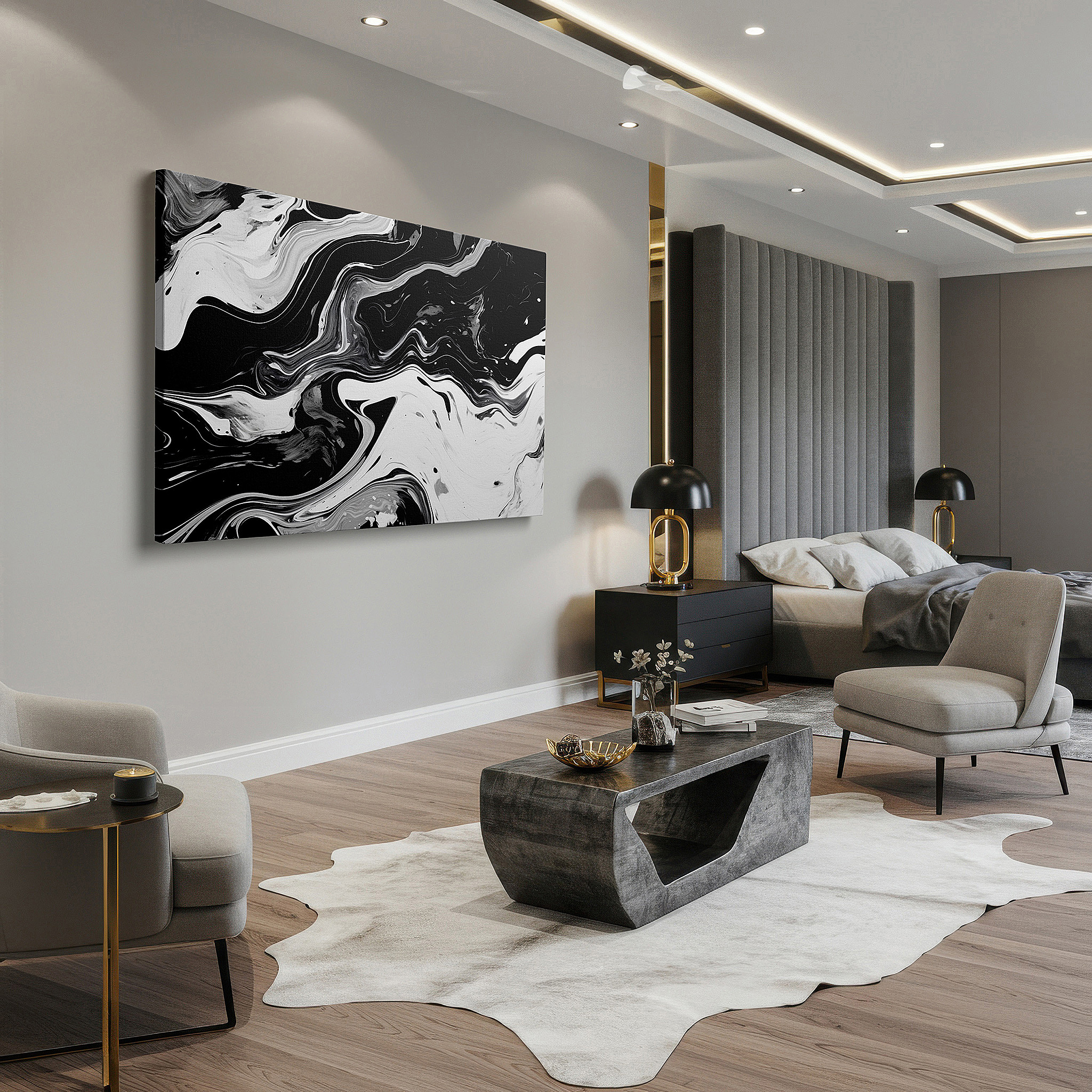 Mounted in a loft-style interior with exposed brick walls — elegant and dynamic black and white marble abstract large wall art, canvas wall art, wall decor for modern offices