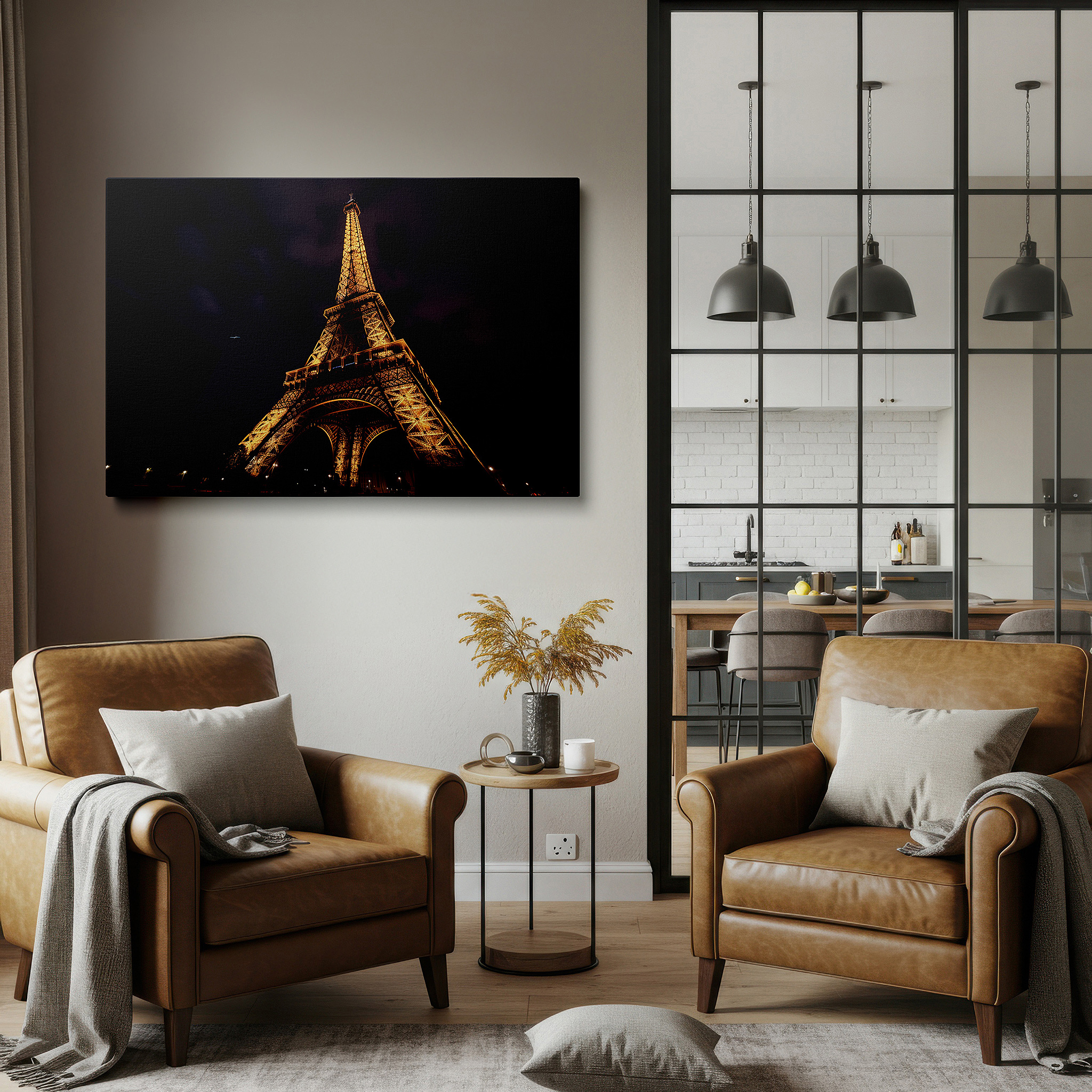 Mounted in a loft-style interior with exposed brick walls — elegant parisian and architectural splendor of the eiffel tower at night large wall art, canvas wall art, wall decor, office wall art