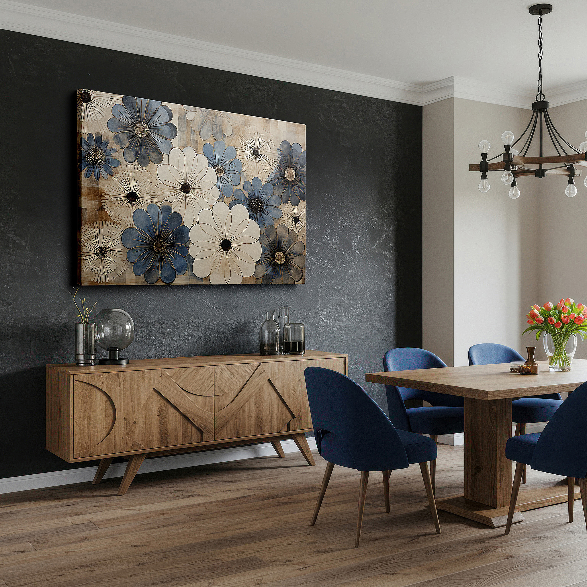 Mounted in a loft-style interior with exposed brick walls — elegant stylized blue and white floral design on a vibrant warm background - large canvas wall art for office decor