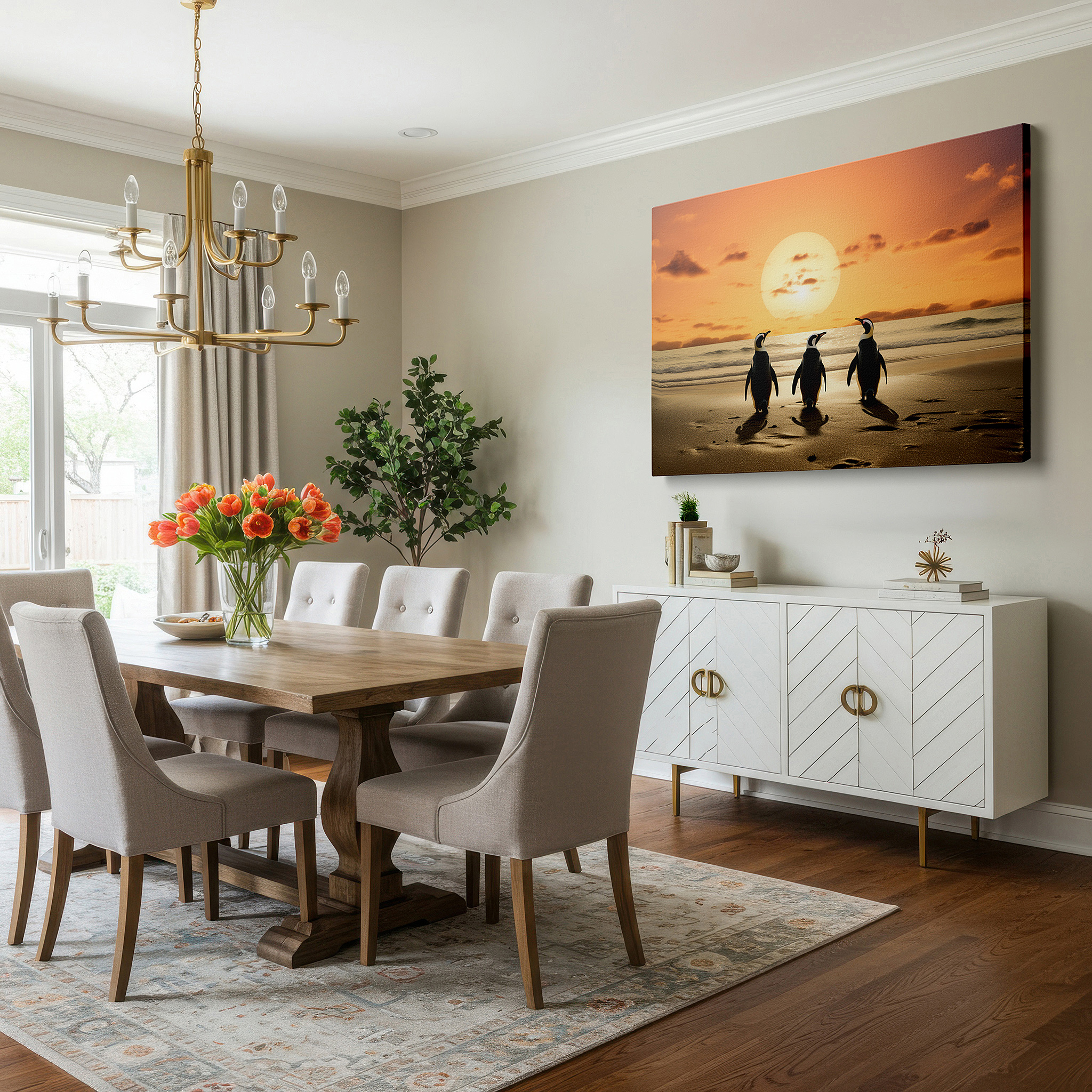 Mounted in a loft-style interior with exposed brick walls — emperor penguins on a sandy beach at sunset: serene nature encounter - large canvas wall art for office decor