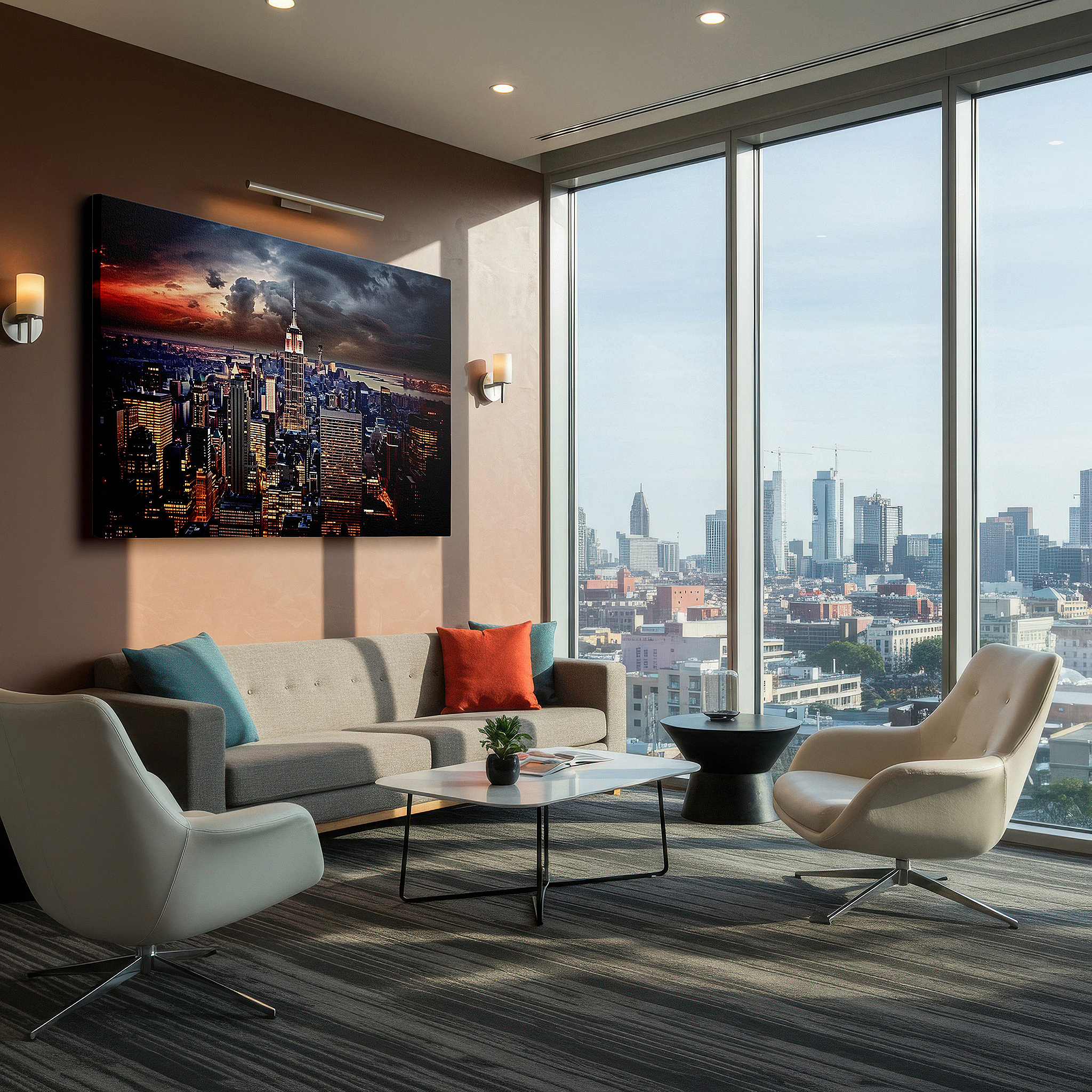 Mounted in a loft-style interior with exposed brick walls — empire state building at dusk: vibrant aerial view of new york city's twilight - large wall art, canvas wall art, office wall decor