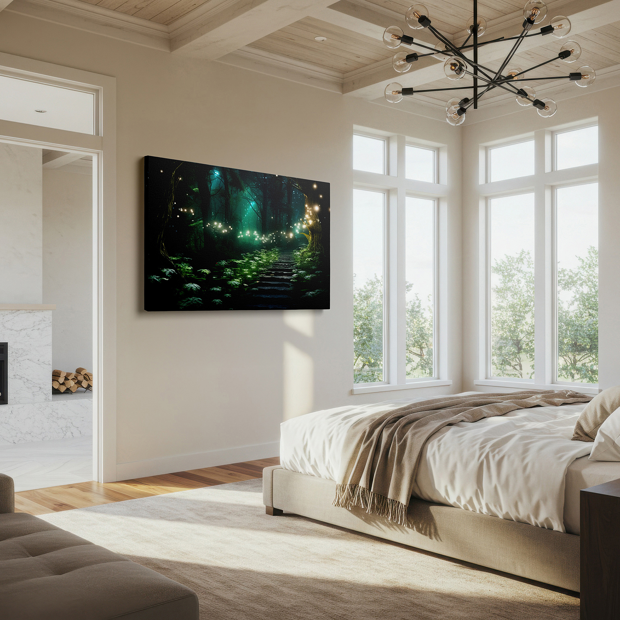 Mounted in a loft-style interior with exposed brick walls — enchanted forest pathway canvas: radiant light, tranquil and mystical large wall art for office and bedroom decor