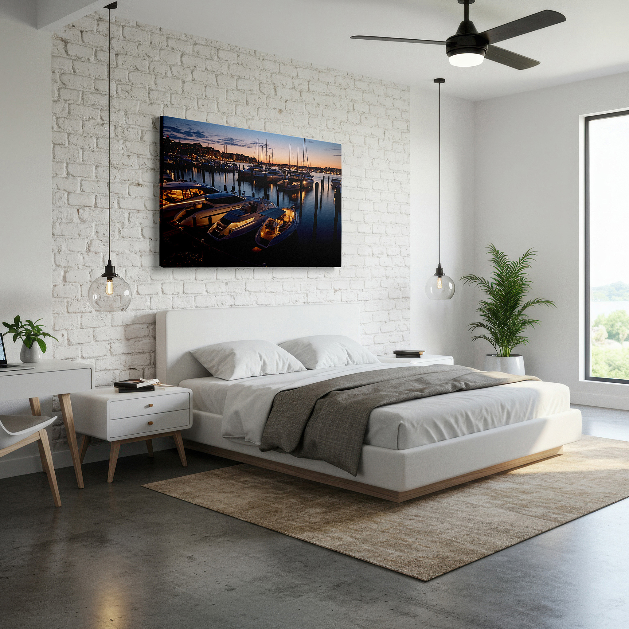 Mounted in a loft-style interior with exposed brick walls — enchanting dusk at the vibrant marina: tranquil evening with glimmering boats and soft lights - large canvas wall art for office decor