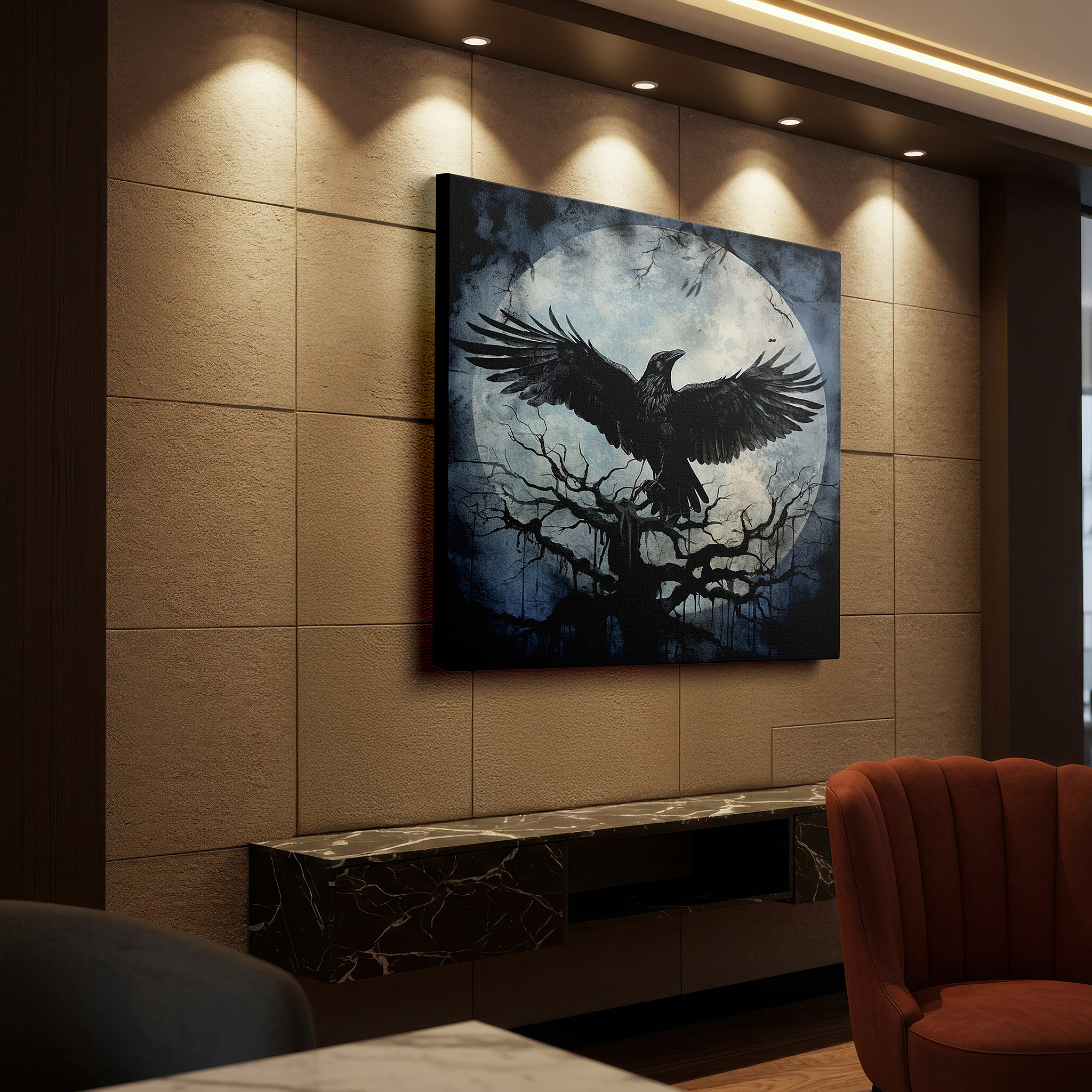 Mounted in a loft-style interior with exposed brick walls — enigmatic raven on a withered branch under a mystical moon - large canvas wall art for office and bedroom decor