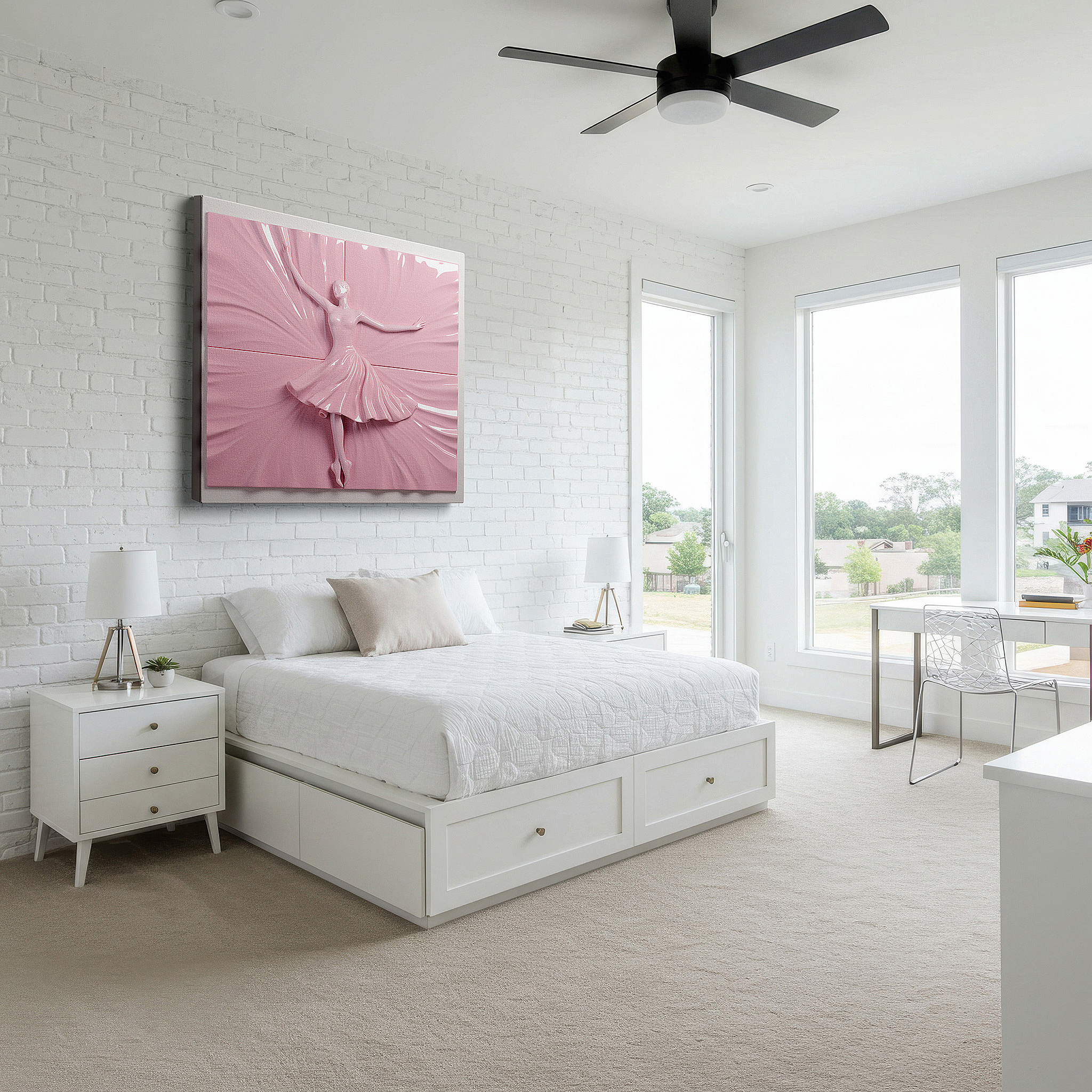 Mounted in a loft-style interior with exposed brick walls — ethereal dancer in motion: large wall art featuring luminous grace and subtle dynamism, perfect for home or office decor