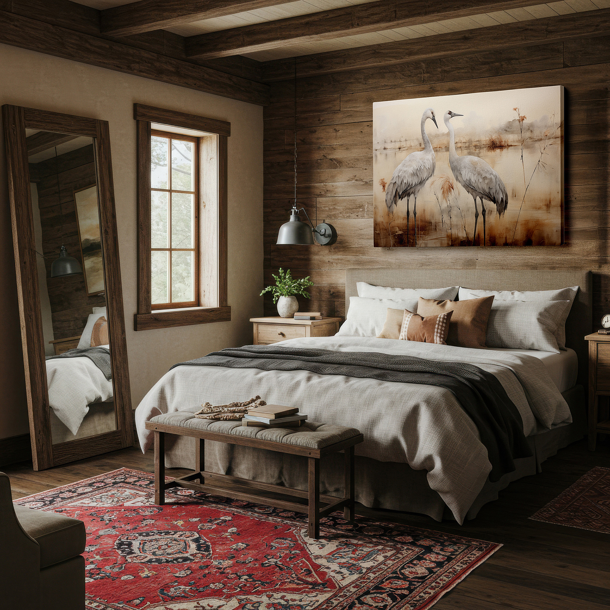 Mounted in a loft-style interior with exposed brick walls — ethereal landscape with tranquil cranes: serene nature and wildlife large wall art, canvas decor for office and bedroom