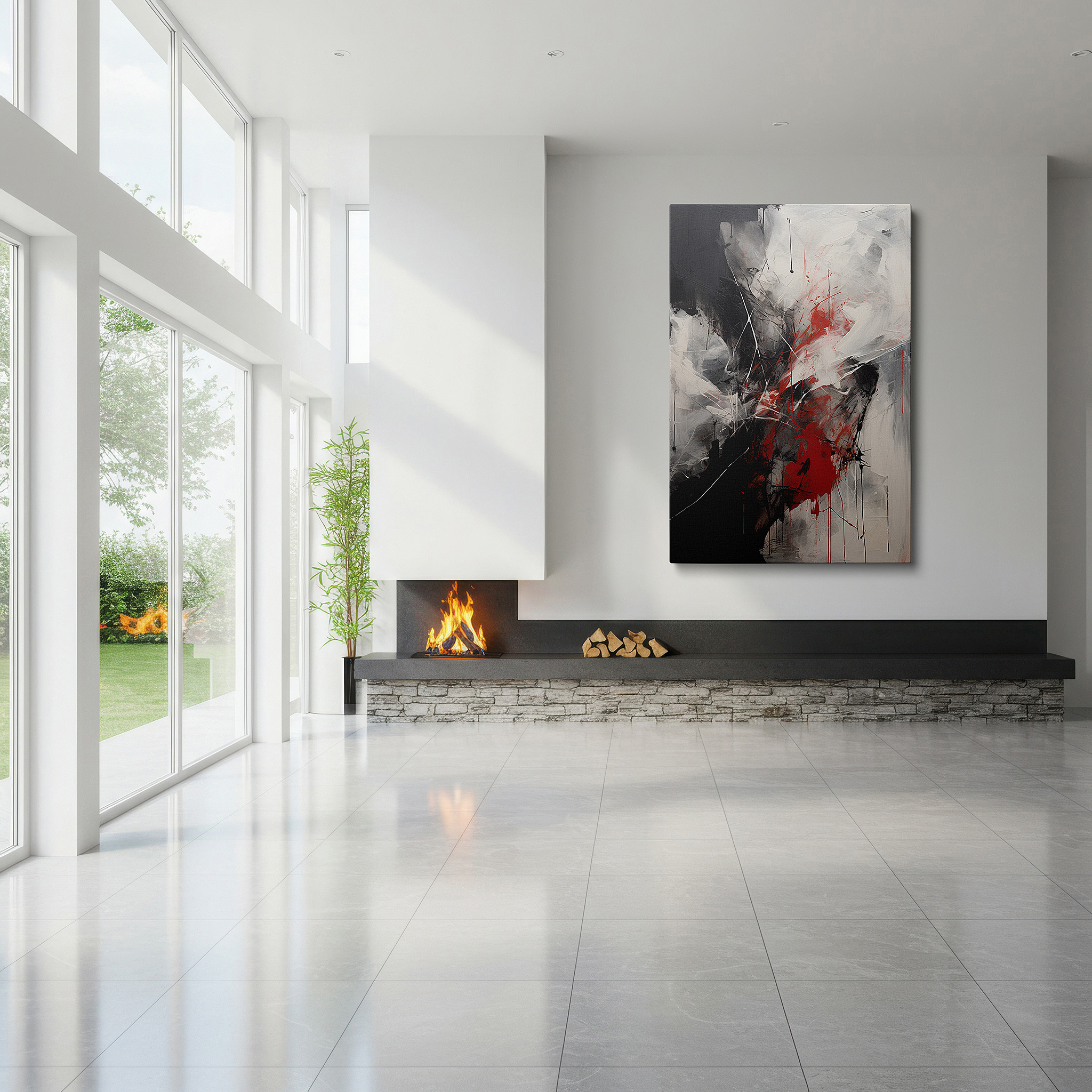 Mounted in a loft-style interior with exposed brick walls — fiery red and deep black dynamic interplay evokes passion and turmoil - large canvas wall art for office and bedroom decor
