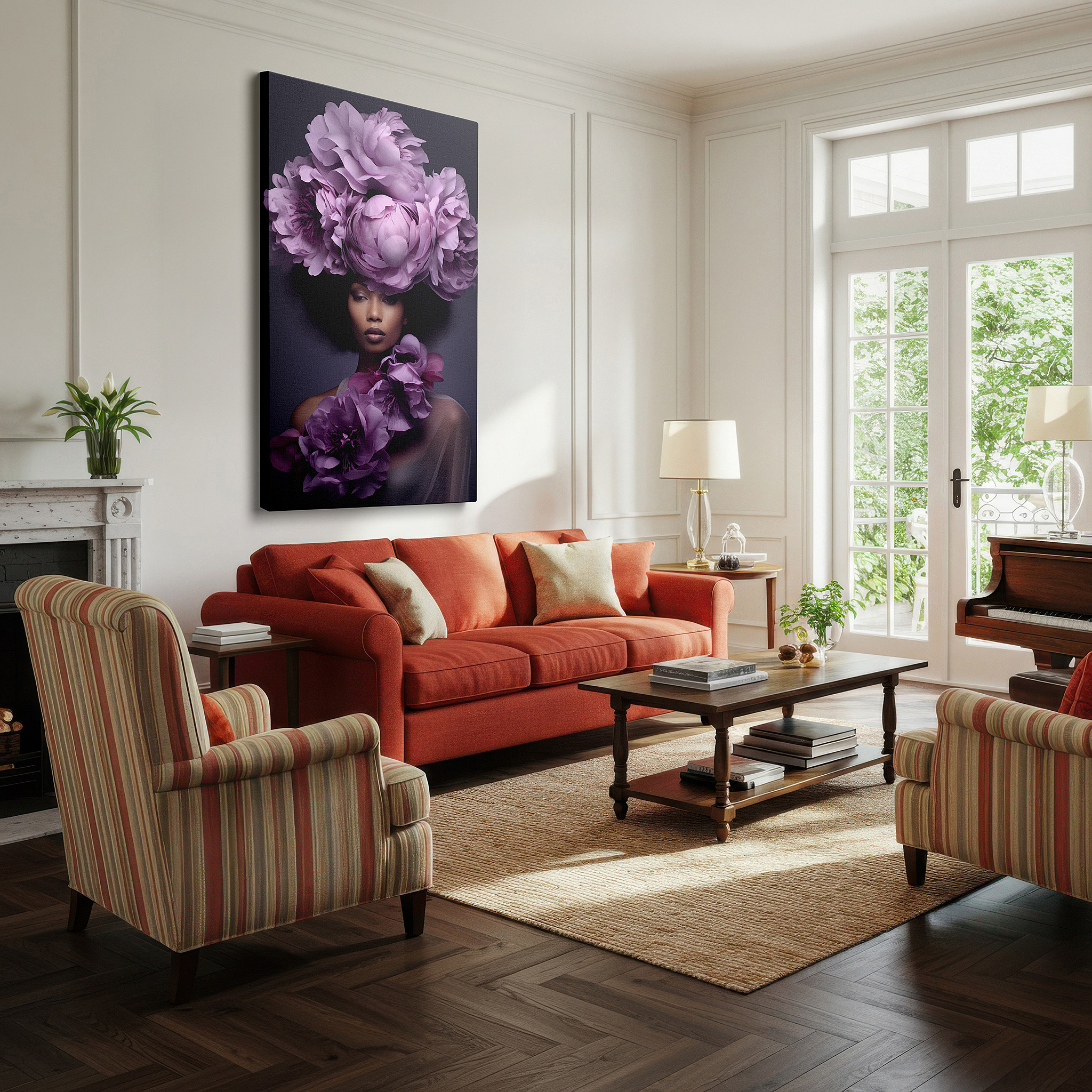 Mounted in a loft-style interior with exposed brick walls — floral elegance: femininity and empowerment - large canvas wall art for office, bedroom, and living room decor