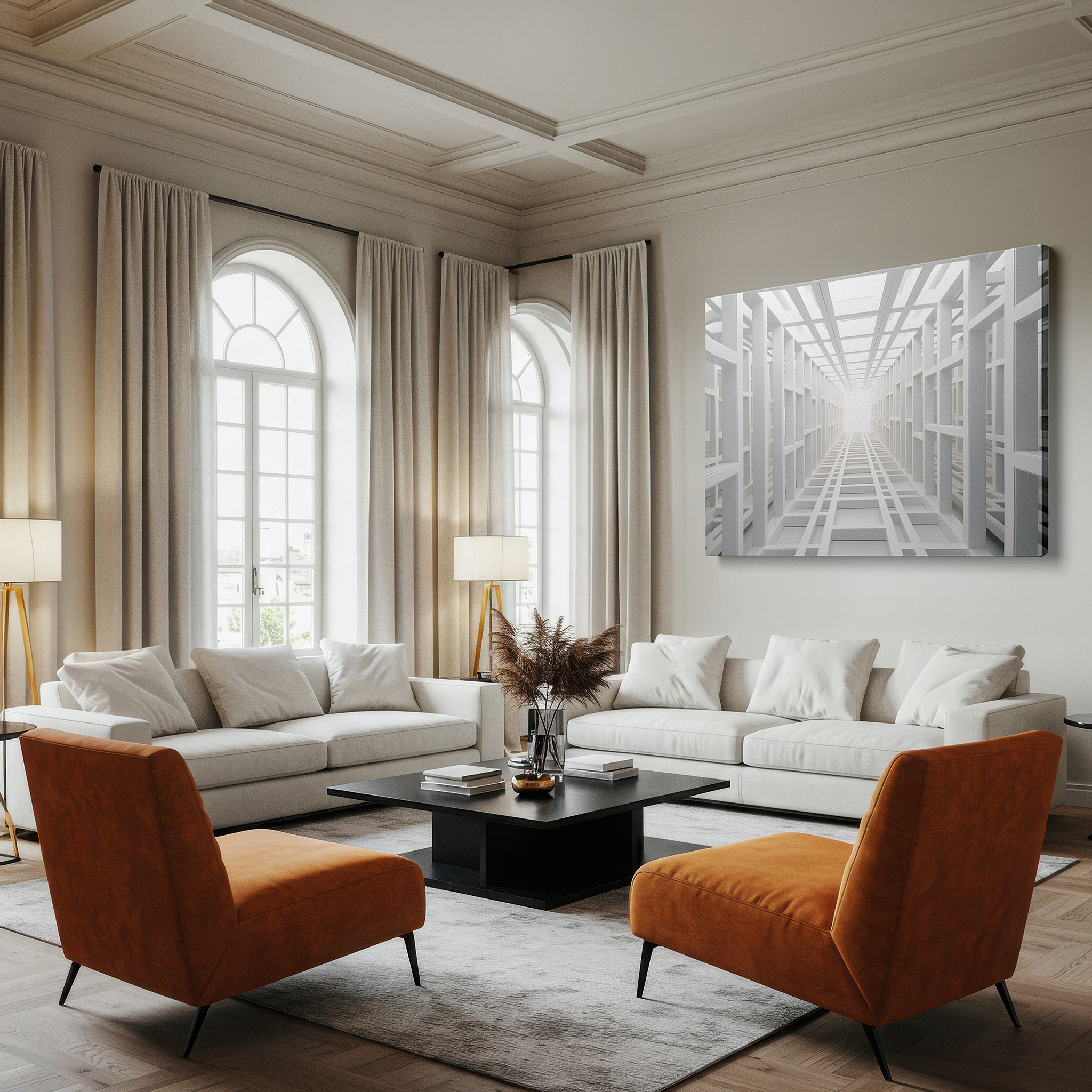 Mounted in a loft-style interior with exposed brick walls — futuristic interior featuring clean lines and geometric shapes leading to a bright light - large wall art, canvas wall art, wall decor for office