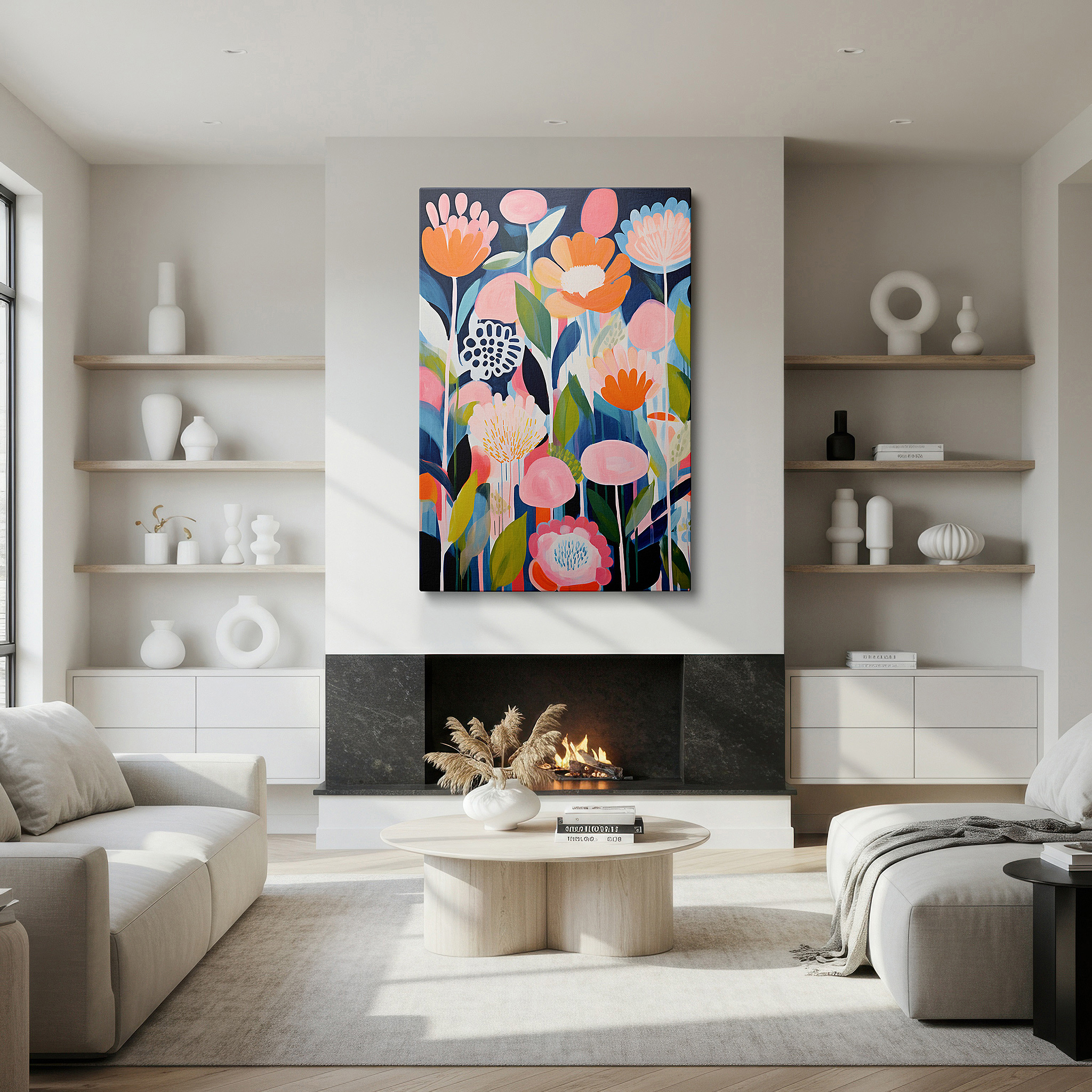 Mounted in a loft-style interior with exposed brick walls — garden of glow: dynamic light and shadow dance with bright, blooming flowers - large wall art, canvas wall art, wall decor for office
