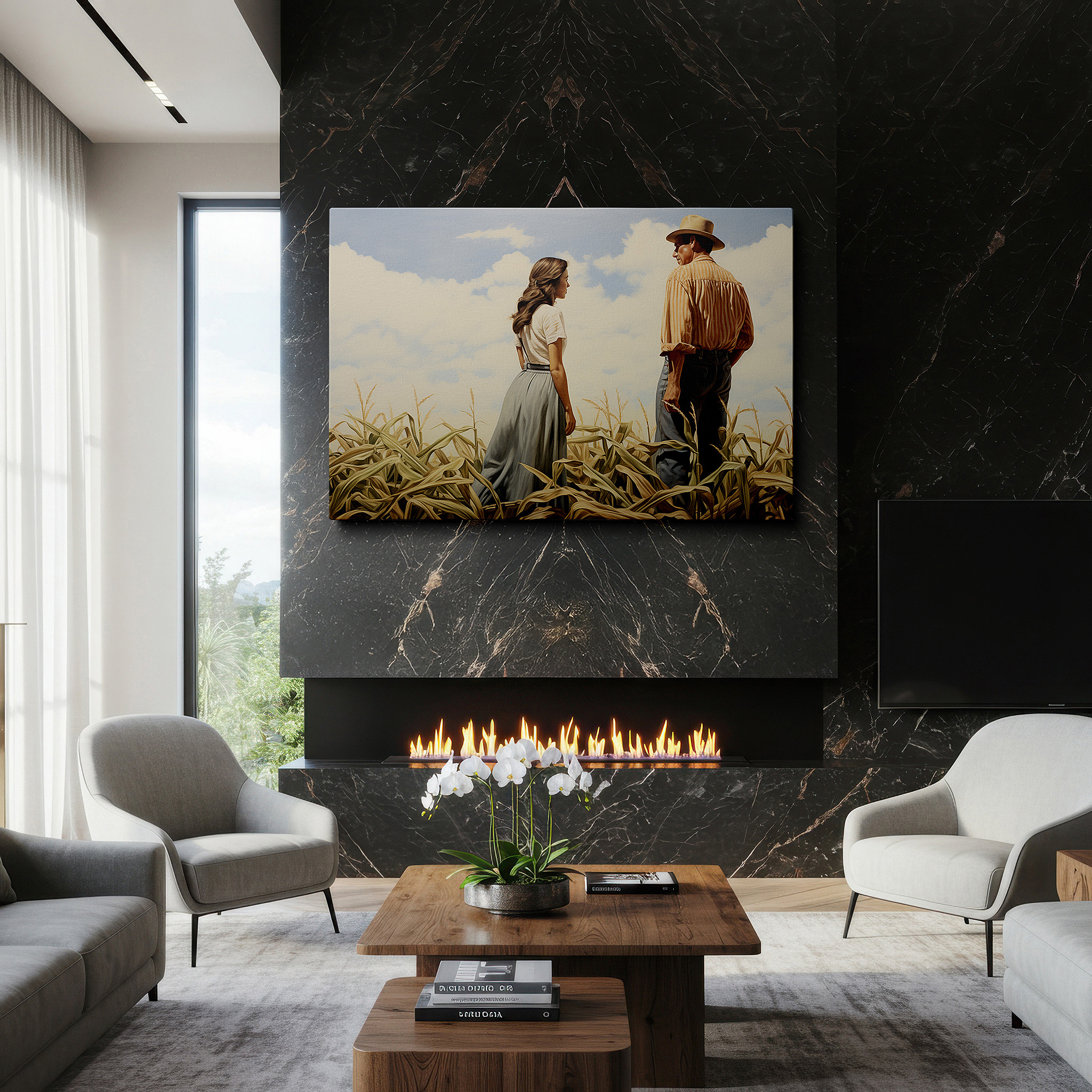 Mounted in a loft-style interior with exposed brick walls — golden cornfield tender moments - timeless love and companionship portrait under a radiant sky, large canvas wall art