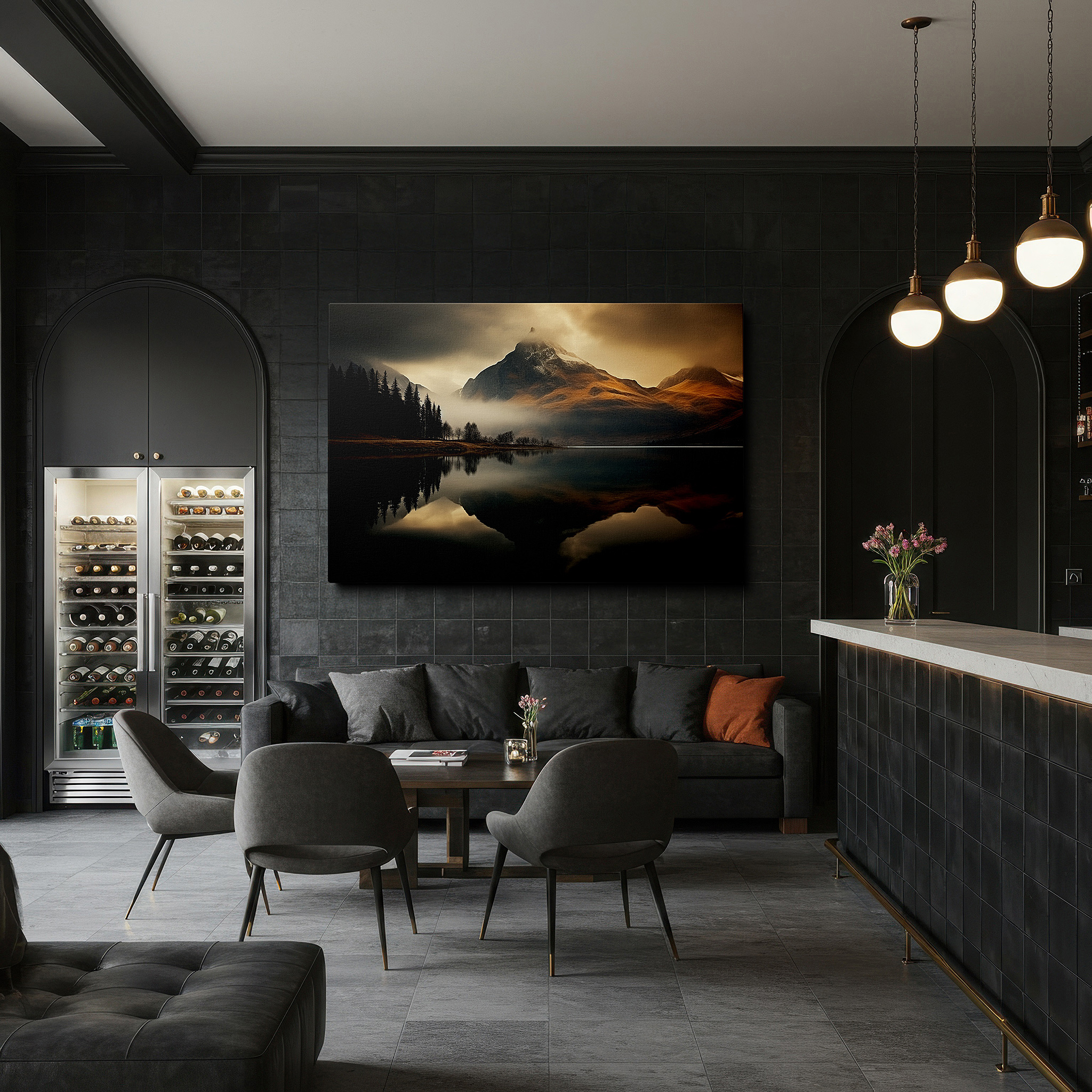 Mounted in a loft-style interior with exposed brick walls — golden sunset over majestic mountains and tranquil lake reflections large canvas wall art for office and bedroom decor