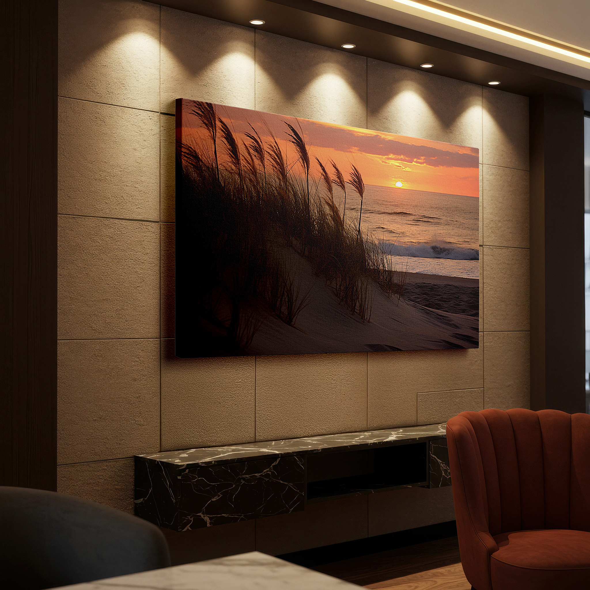 Mounted in a loft-style interior with exposed brick walls — golden sunset above sandy dunes featuring swaying grass and calming sea waves - large canvas wall art for office and bedroom decor