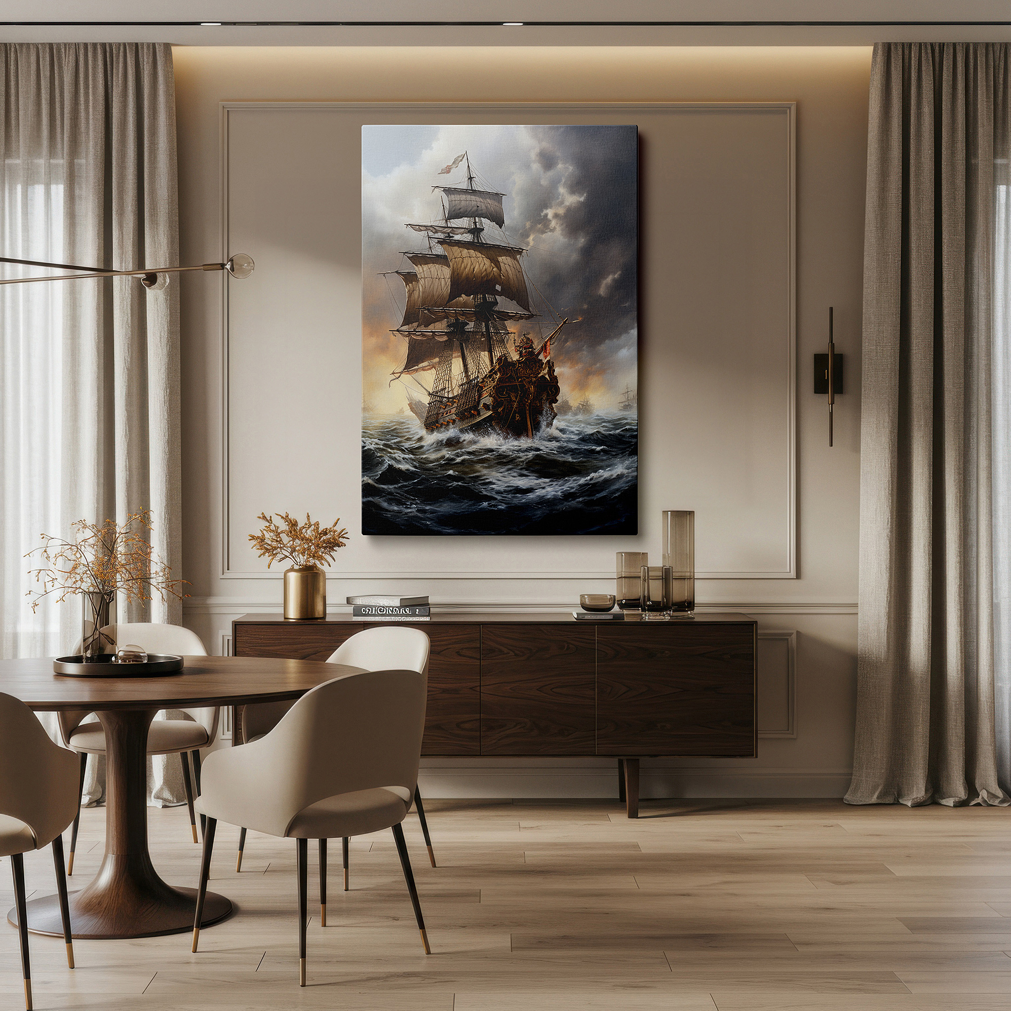 Mounted in a loft-style interior with exposed brick walls — grand sailing ship in stormy seas large canvas wall art for office, bedroom, and living room decor