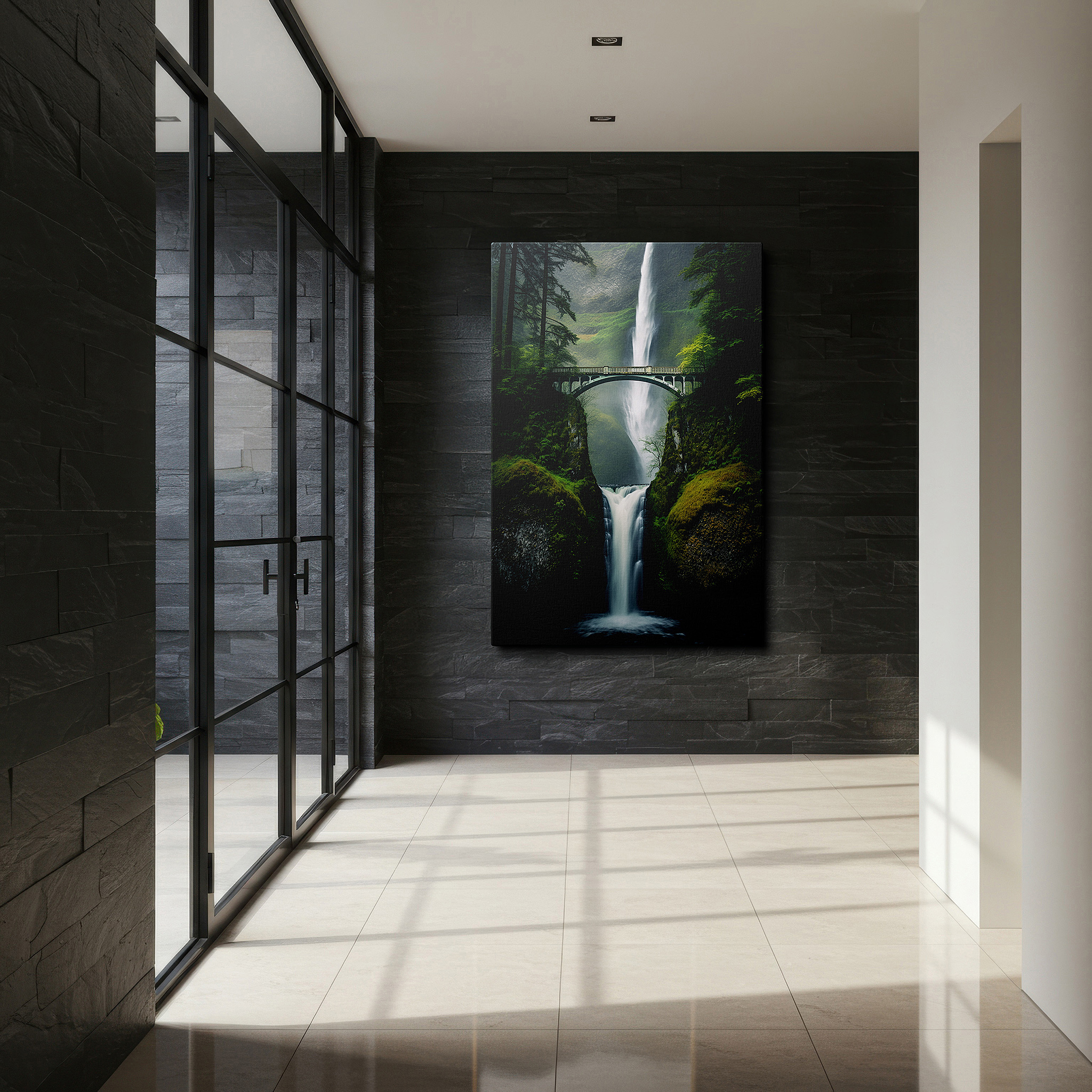 Mounted in a loft-style interior with exposed brick walls — historic bridge and majestic waterfall surrounded by lush greenery: tranquil and adventurous large wall art, canvas wall art, wall decor for office
