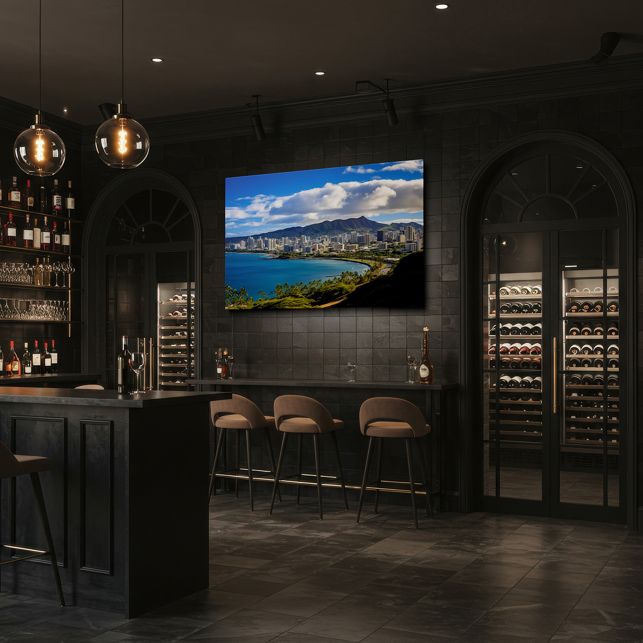 Mounted in a loft-style interior with exposed brick walls — honolulu coastline and diamond head crater - tropical paradise large wall art, canvas decor for office and bedroom