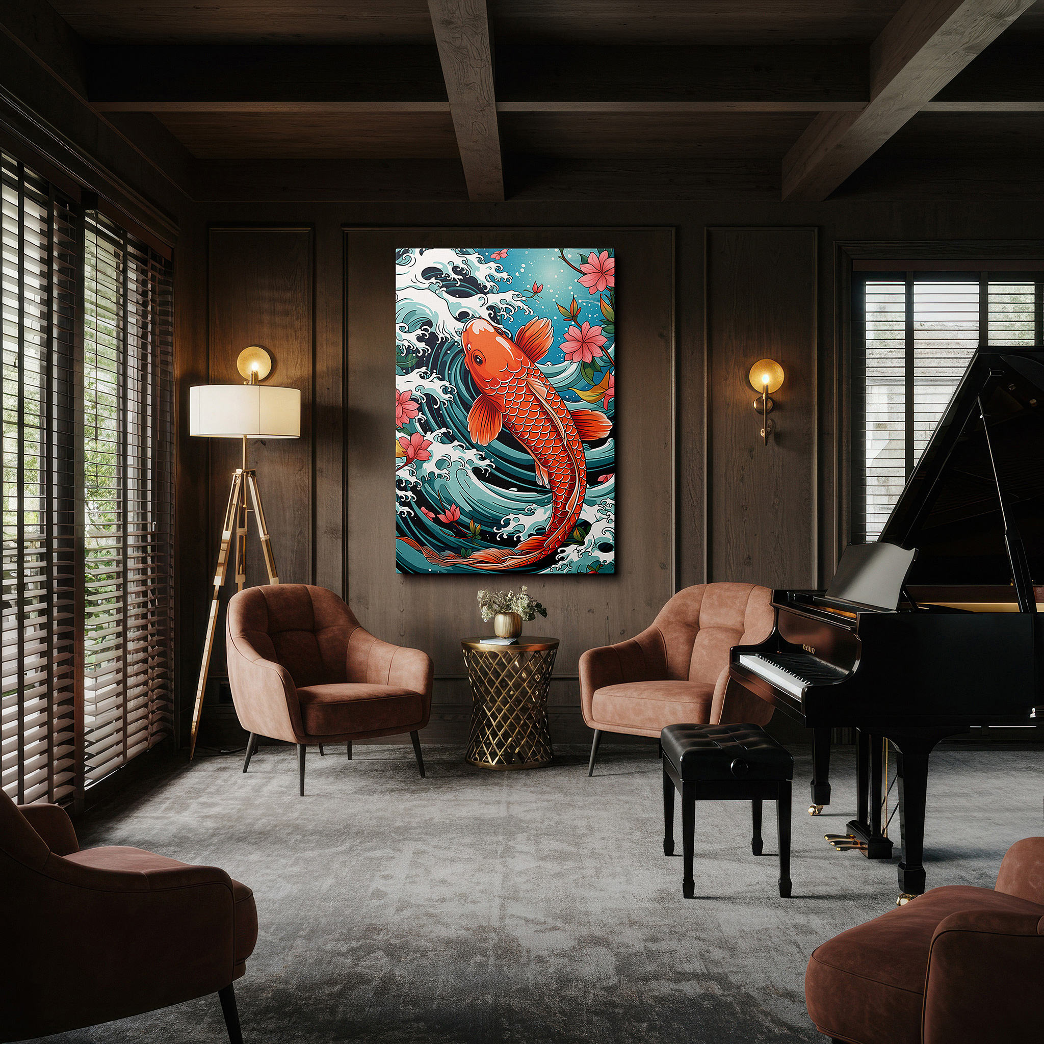 Mounted in a loft-style interior with exposed brick walls — koi fish and cherry blossoms: navigating tranquil waters amidst stormy seas - oversized wall art, canvas art, home and office decor, suitable for living rooms and bedrooms