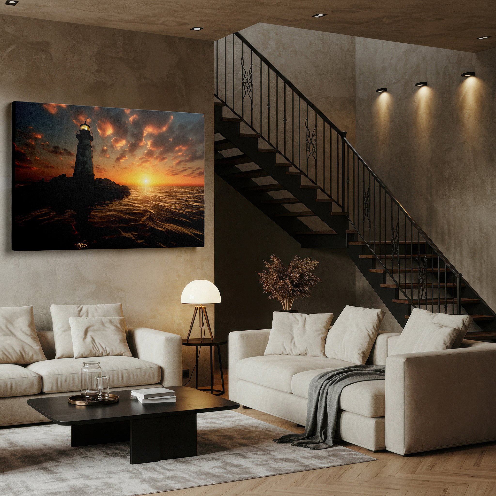 Mounted in a loft-style interior with exposed brick walls — lighthouse on rugged cliffs wall art: guiding from day to night, perfect for office or bedroom decor, available as large canvas