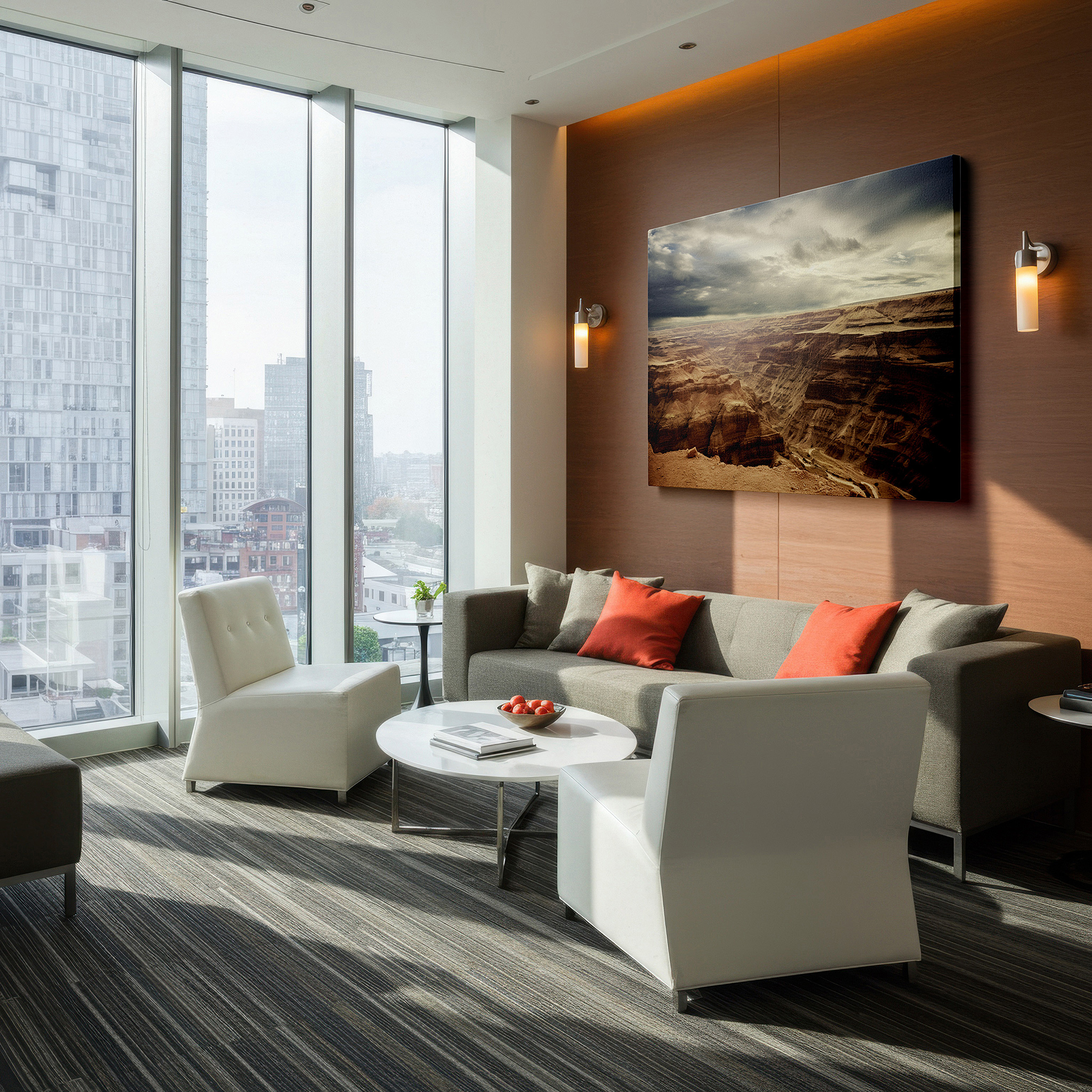 Mounted in a loft-style interior with exposed brick walls — majestic canyon beneath stormy skies: enigmatic wilderness scene for thoughtful environments, large canvas wall art, office decor
