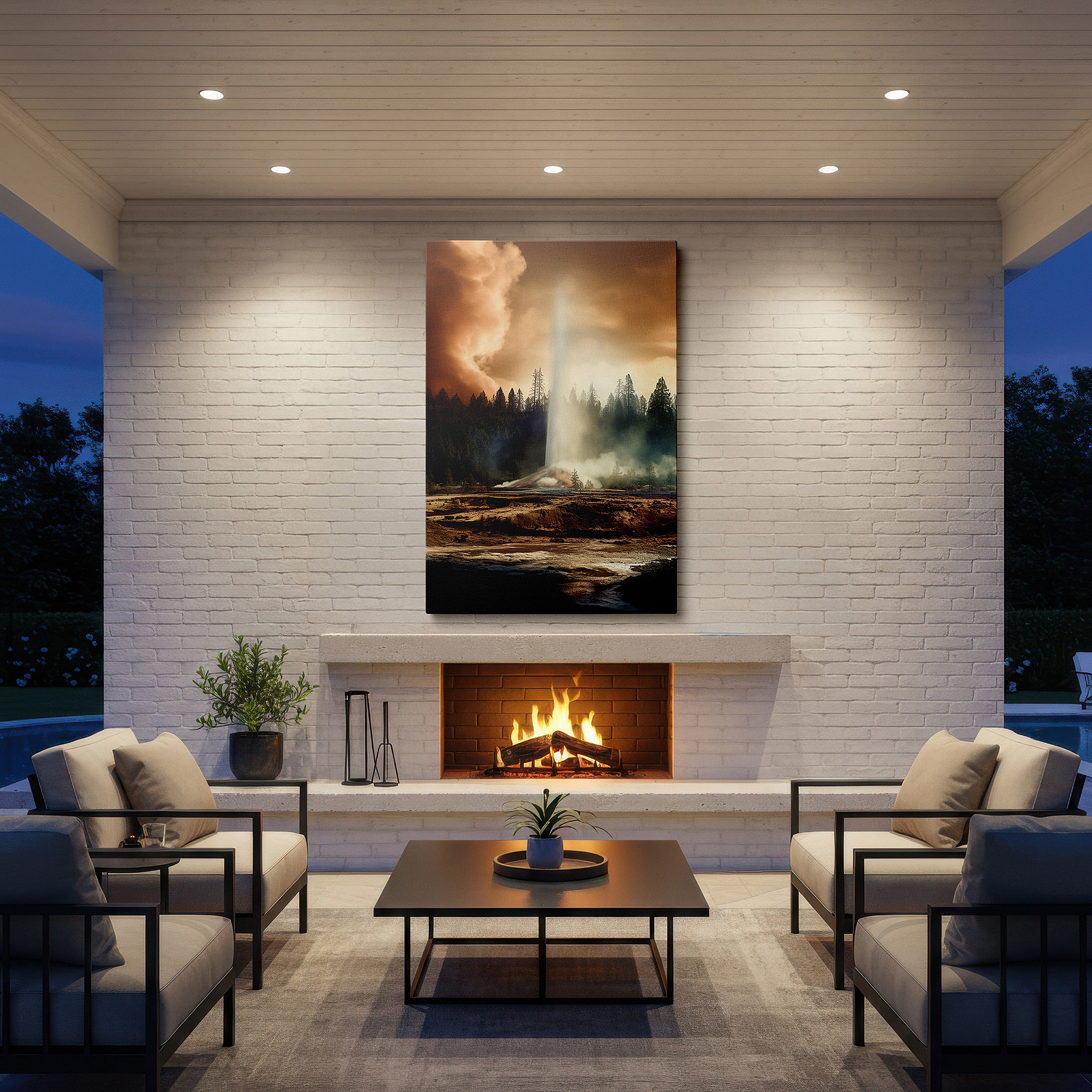 Mounted in a loft-style interior with exposed brick walls — majestic geyser eruption wall art featuring towering pines and stormy skies for office, bedroom, and living room decor