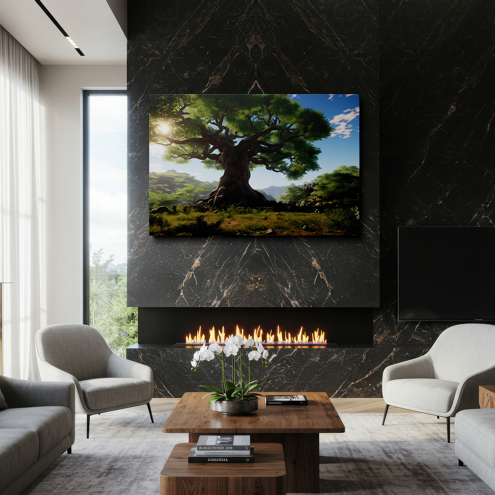 Mounted in a loft-style interior with exposed brick walls — majestic tree amid green scenery under blue sky large wall art, canvas wall art, wall decor for office, bedroom, and living room