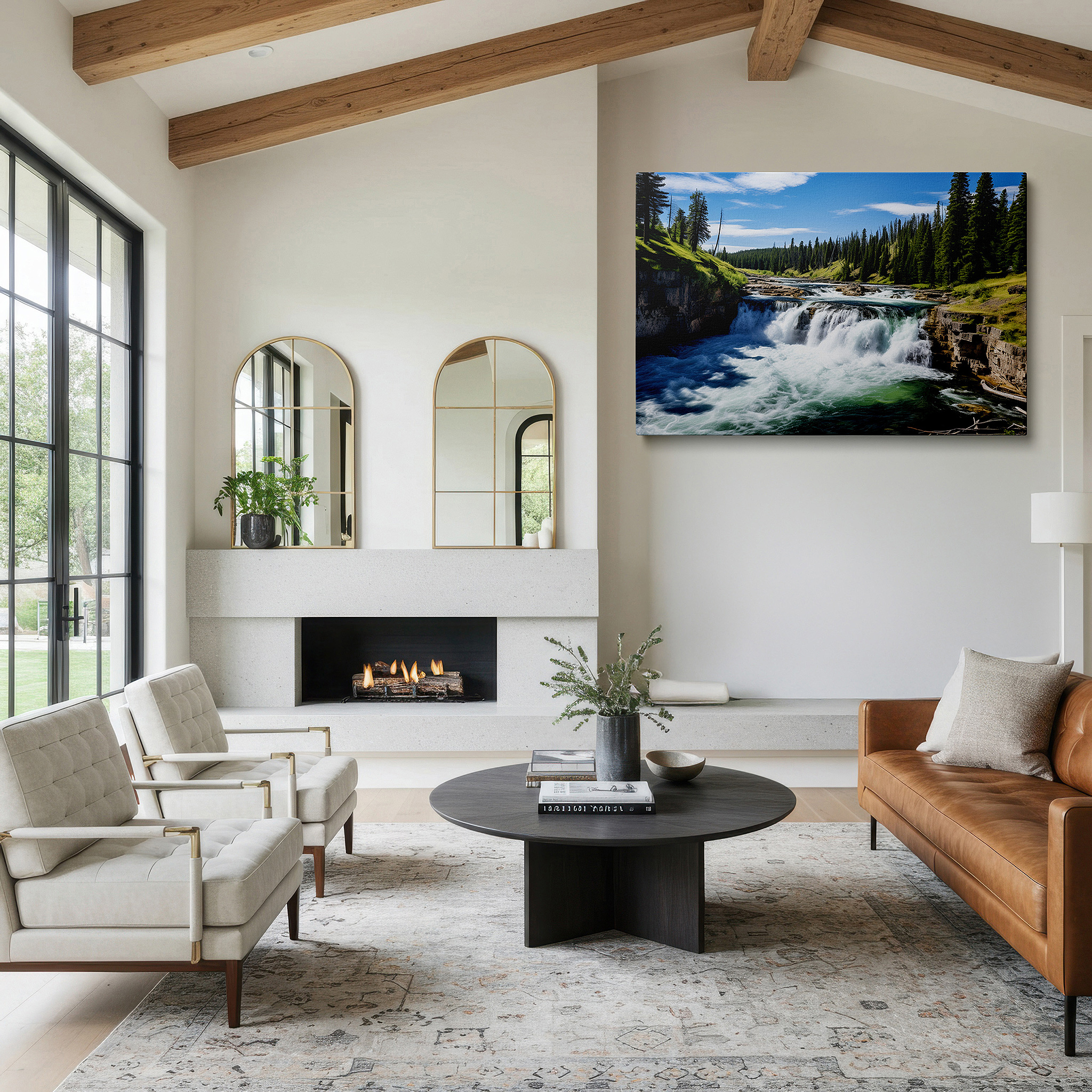 Mounted in a loft-style interior with exposed brick walls — majestic waterfall and serene pool canvas wall art surrounded by lush greenery for office, living room, and bedroom decor