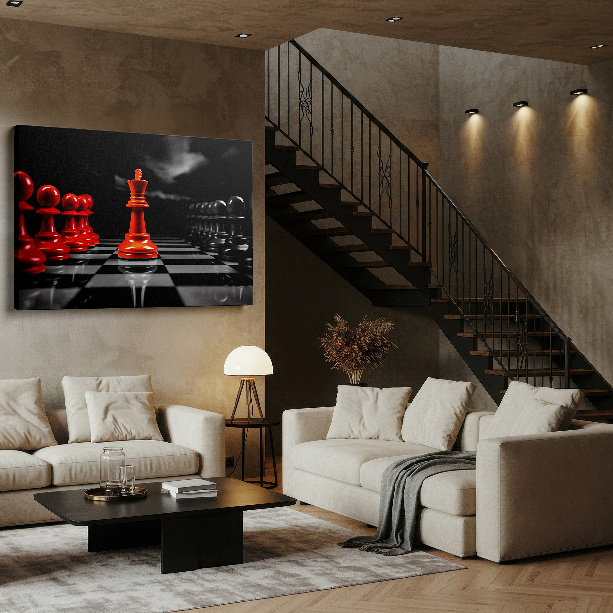 Mounted in a loft-style interior with exposed brick walls — masterpiece chess set wall art displaying passion, power, and strategy - ideal for office and bedroom decor