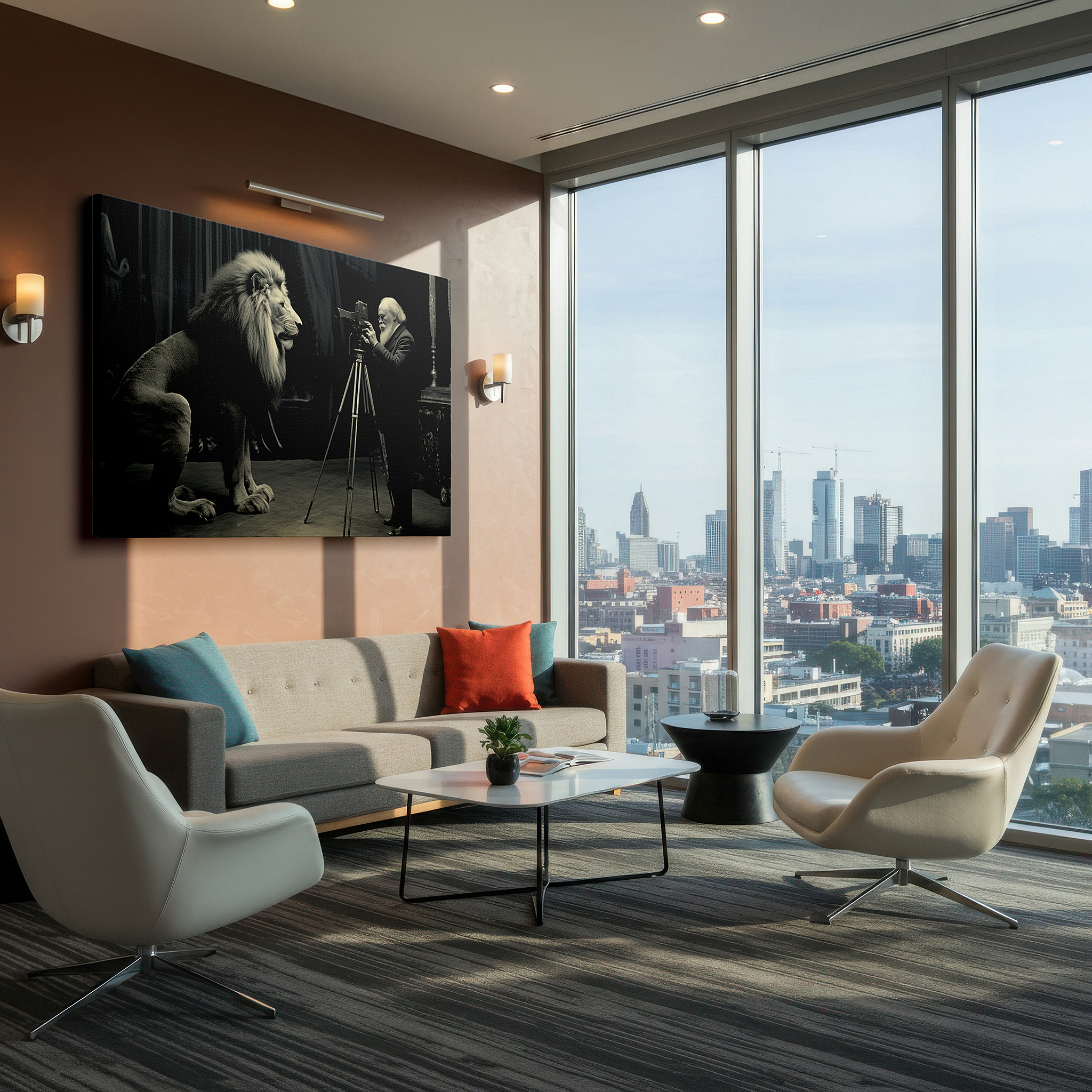 Mounted in a loft-style interior with exposed brick walls — monochrome large wall art featuring a surreal encounter between a majestic lion and an intrepid photographer, canvas wall art, wall decor