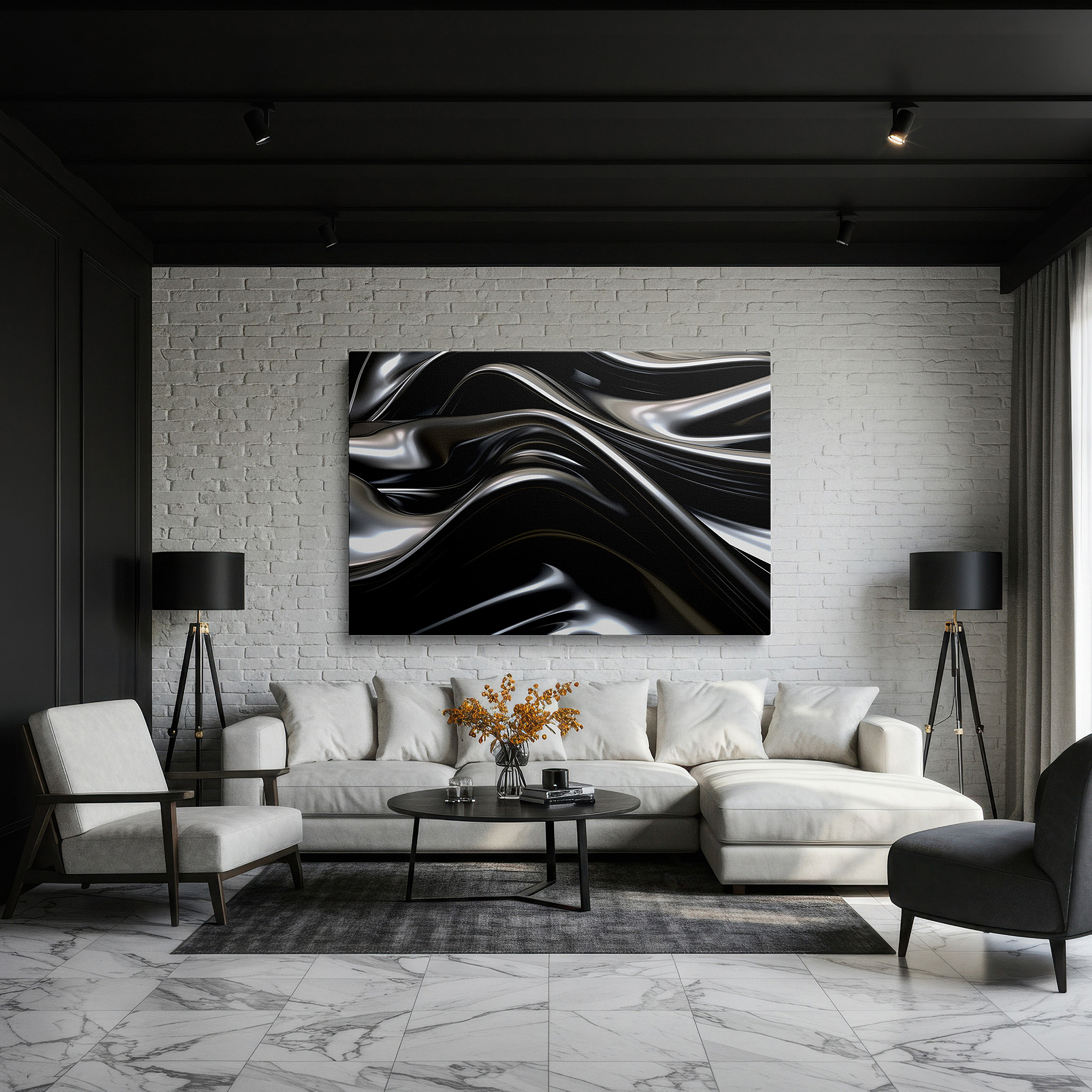 Mounted in a loft-style interior with exposed brick walls — monochrome sleek metallic textures: a symphony of light and shadow - large wall art, canvas wall art, wall decor for office and bedroom