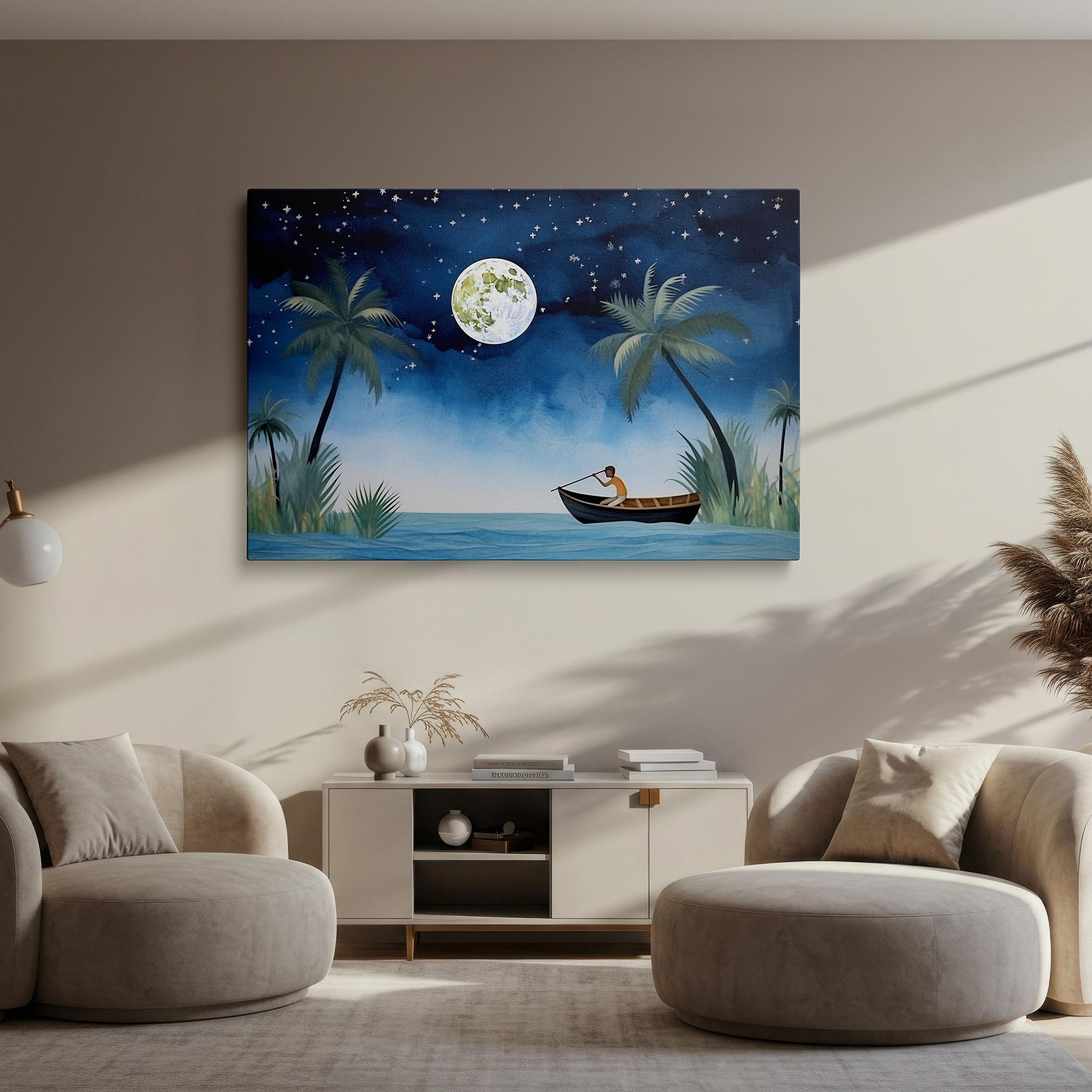 Mounted in a loft-style interior with exposed brick walls — moonlit serenity: solitary rower and silhouetted palms wall art - large canvas for office, bedroom, and living room decor