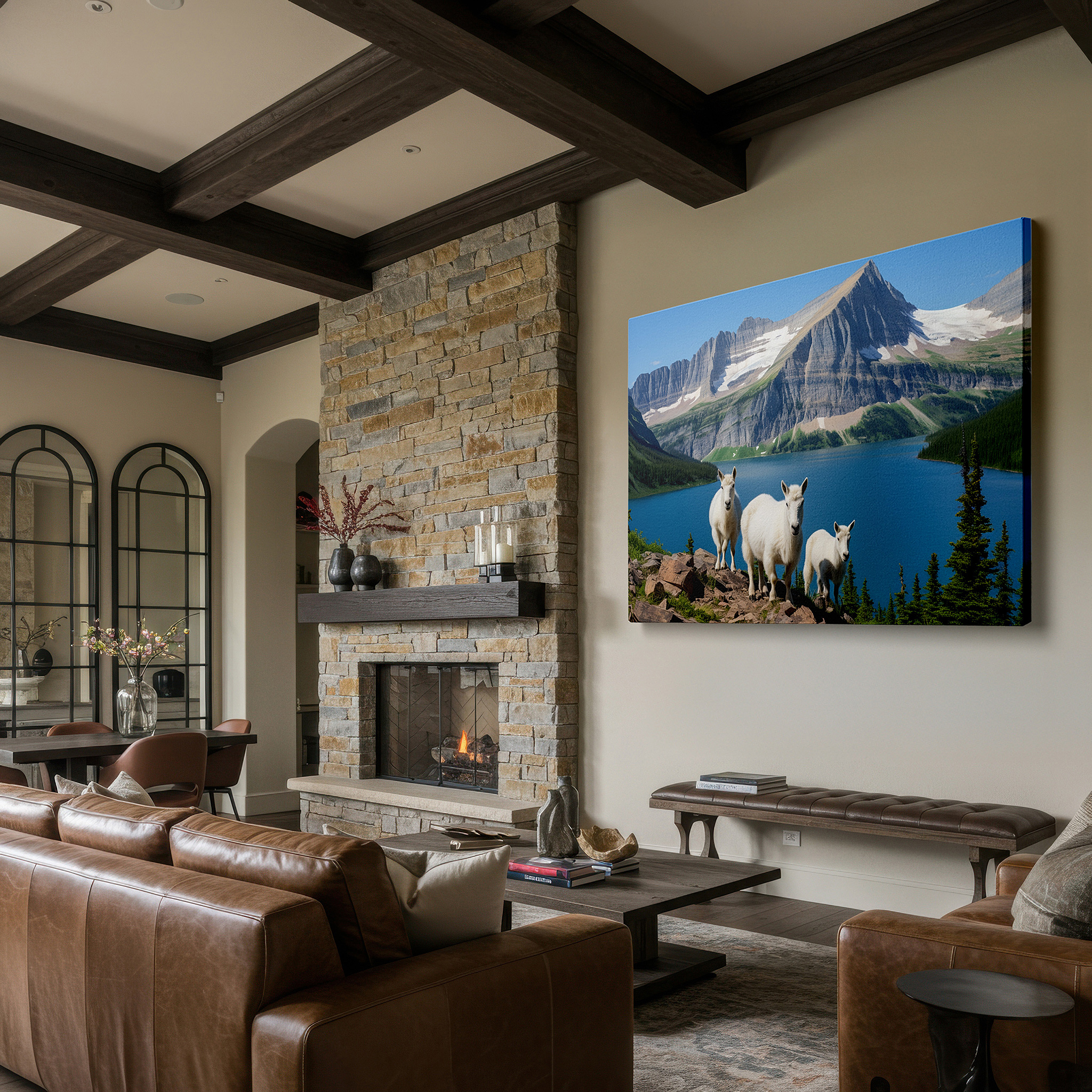 Mounted in a loft-style interior with exposed brick walls — mountain goats on rugged terrain with glacial lake view large wall art, canvas wall art, wall decor for office and bedroom