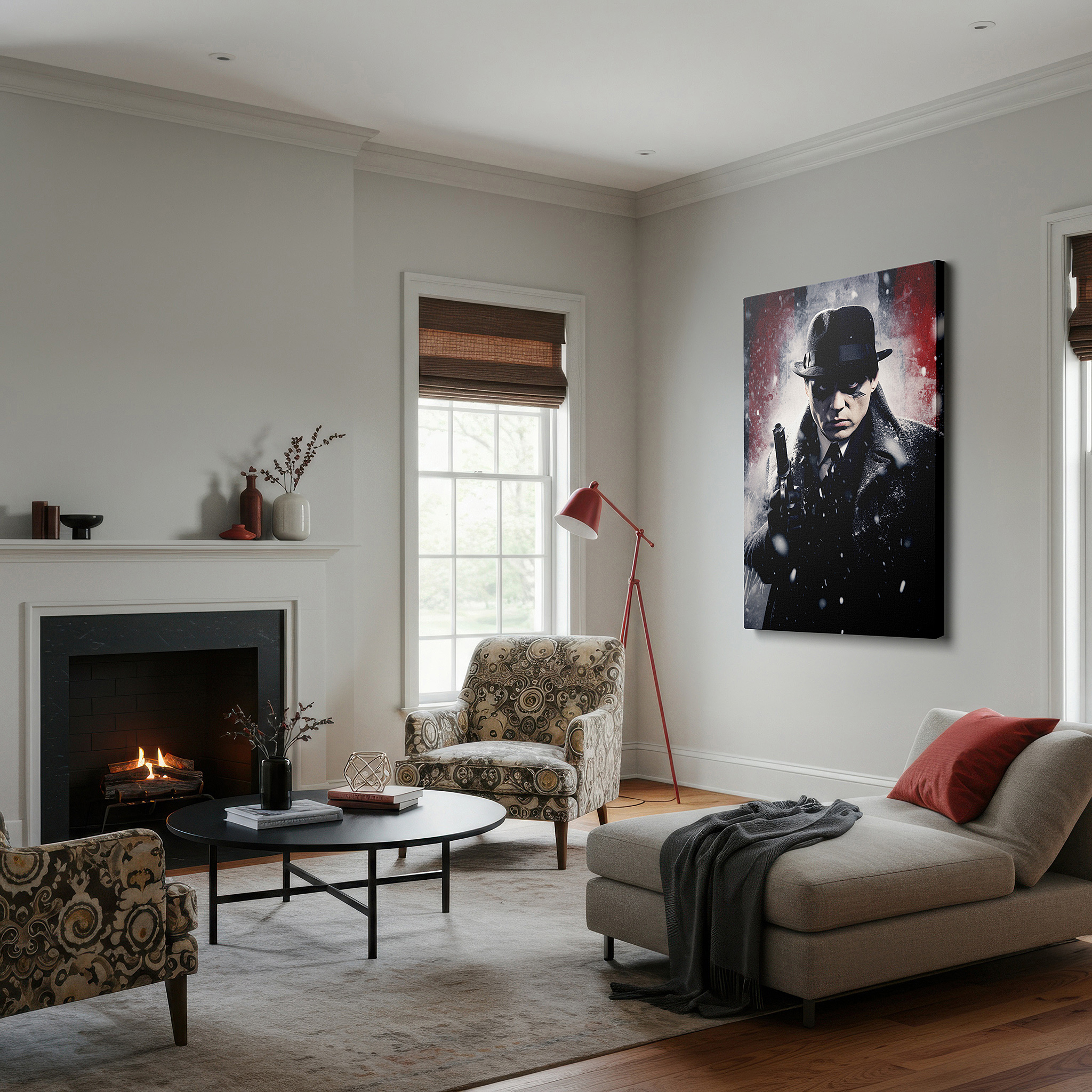 Mounted in a loft-style interior with exposed brick walls — mysterious dark figure in snow: a captivating story of intrigue and suspense - large canvas wall art for home and office decor