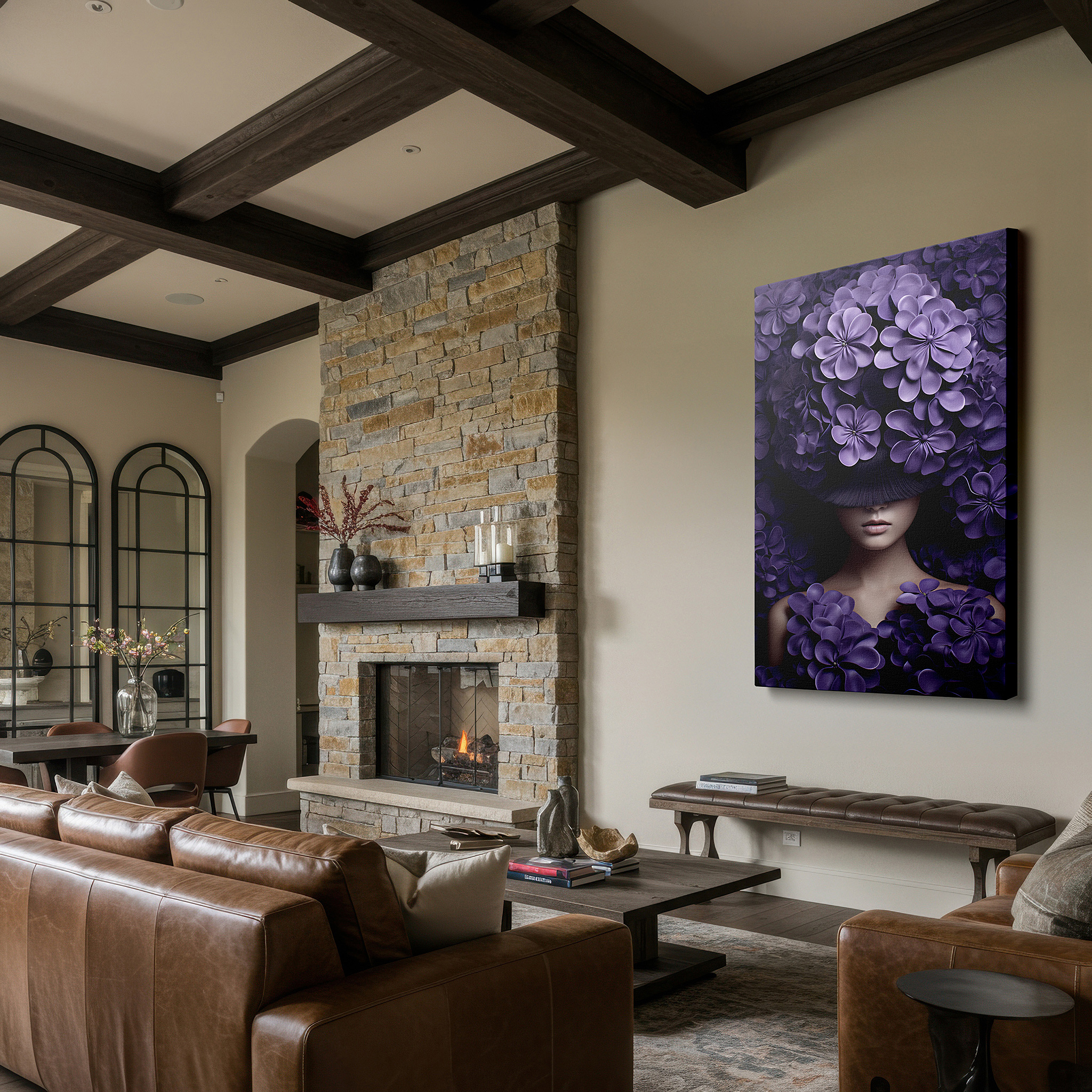 Mounted in a loft-style interior with exposed brick walls — mysterious portrait of a woman shrouded in rich purple flowers, exploring nature and identity, large wall art, canvas wall art, wall decor for office