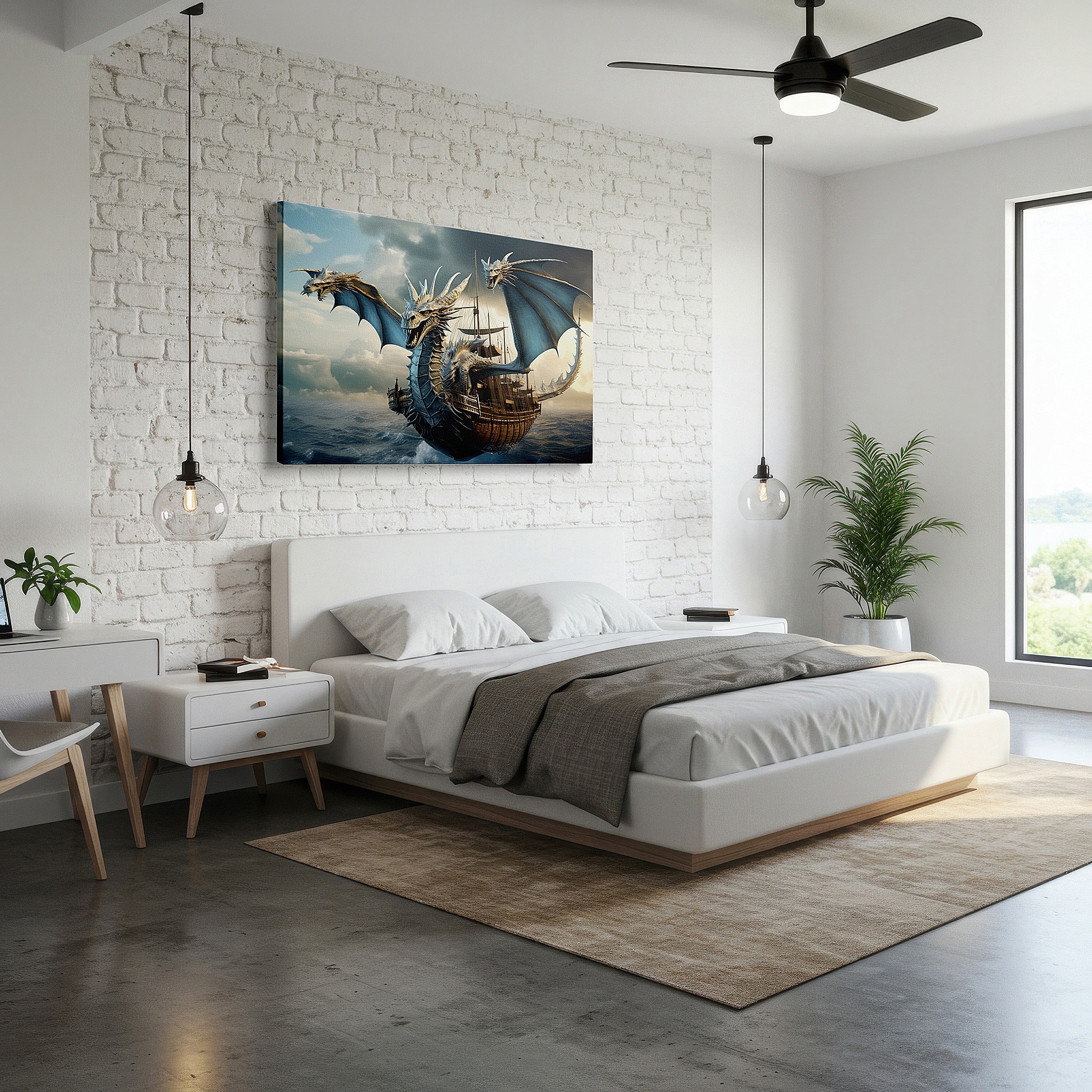 Mounted in a loft-style interior with exposed brick walls — mythical dragon and ancient ship canvas art: stormy skies large wall decor for office, bedroom, and living room
