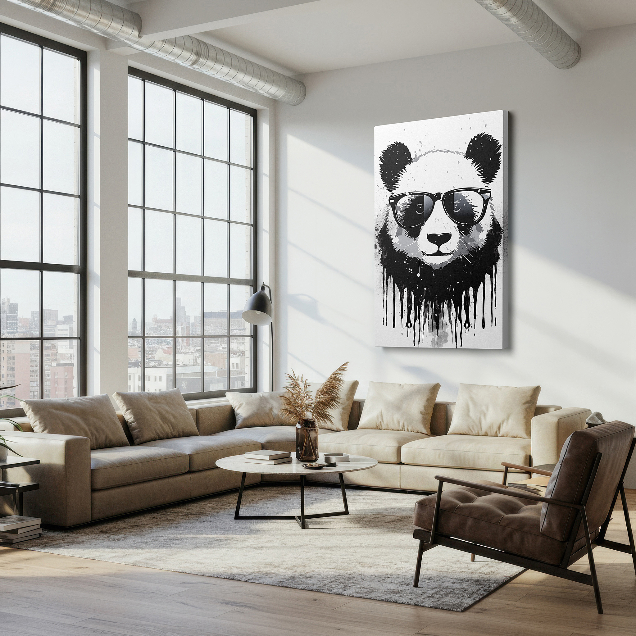 Mounted in a loft-style interior with exposed brick walls — panda in sunglasses canvas print with vibrant ink splashes, ideal for office, bedroom, and living room decor