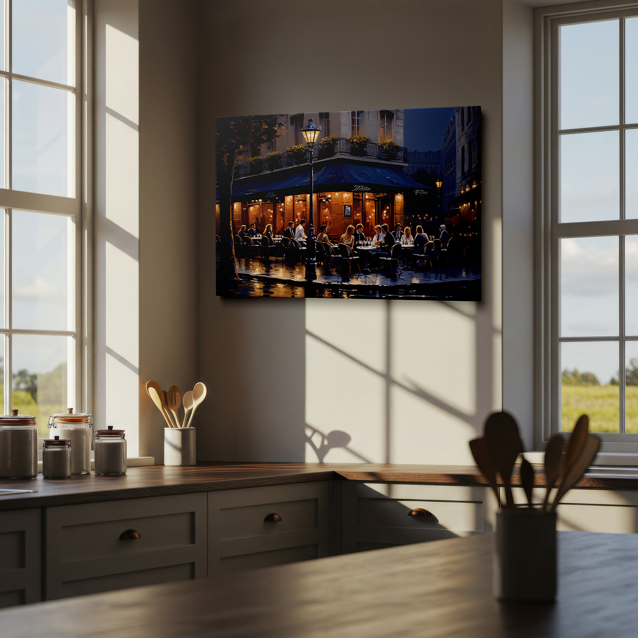 Mounted in a loft-style interior with exposed brick walls — parisian bistro ambiance on a rainy evening large canvas wall art for office, bedroom, and living room decor