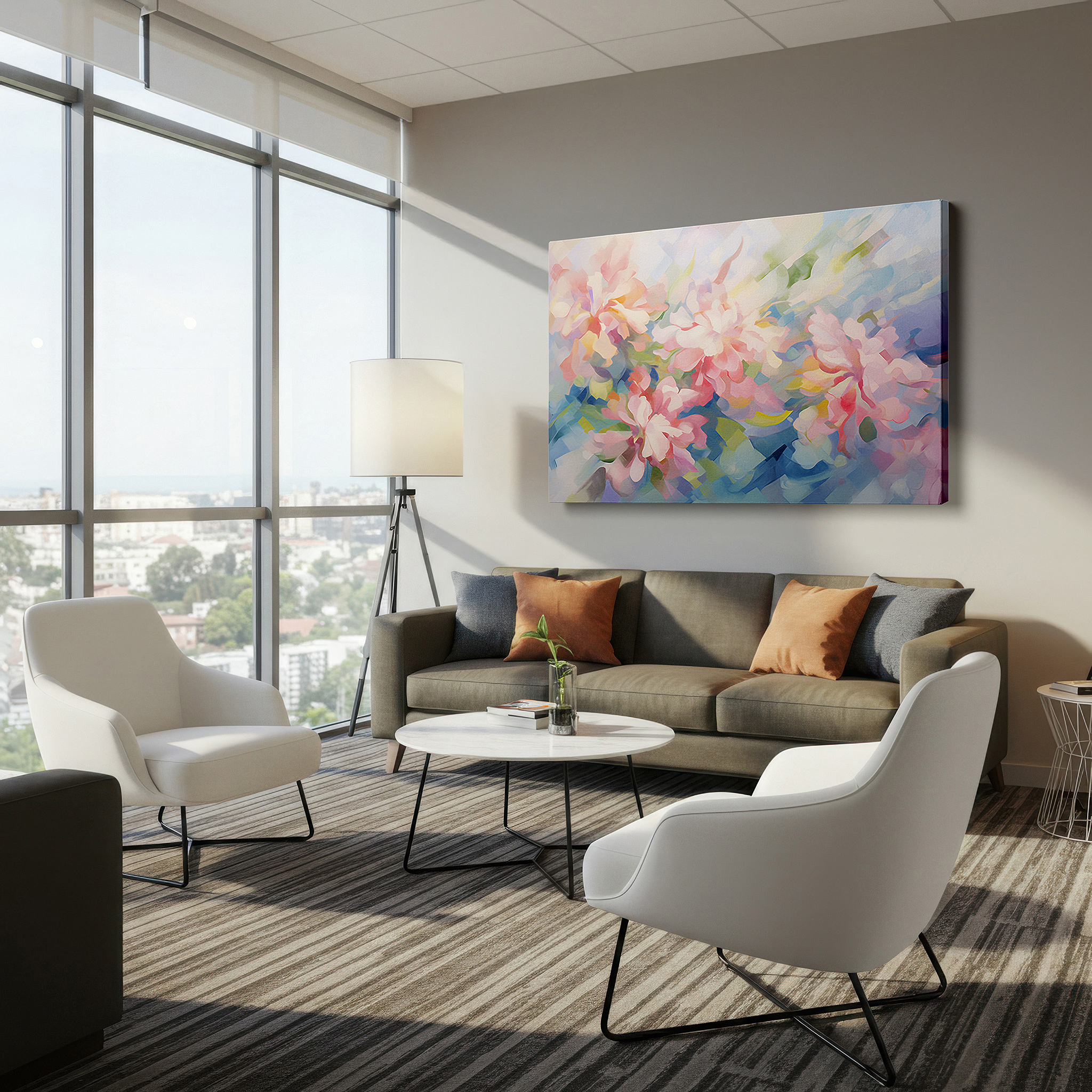 Mounted in a loft-style interior with exposed brick walls — pastel-toned abstract stylized flowers, serene and soothing large wall art for tranquil spaces, canvas wall art decor for office