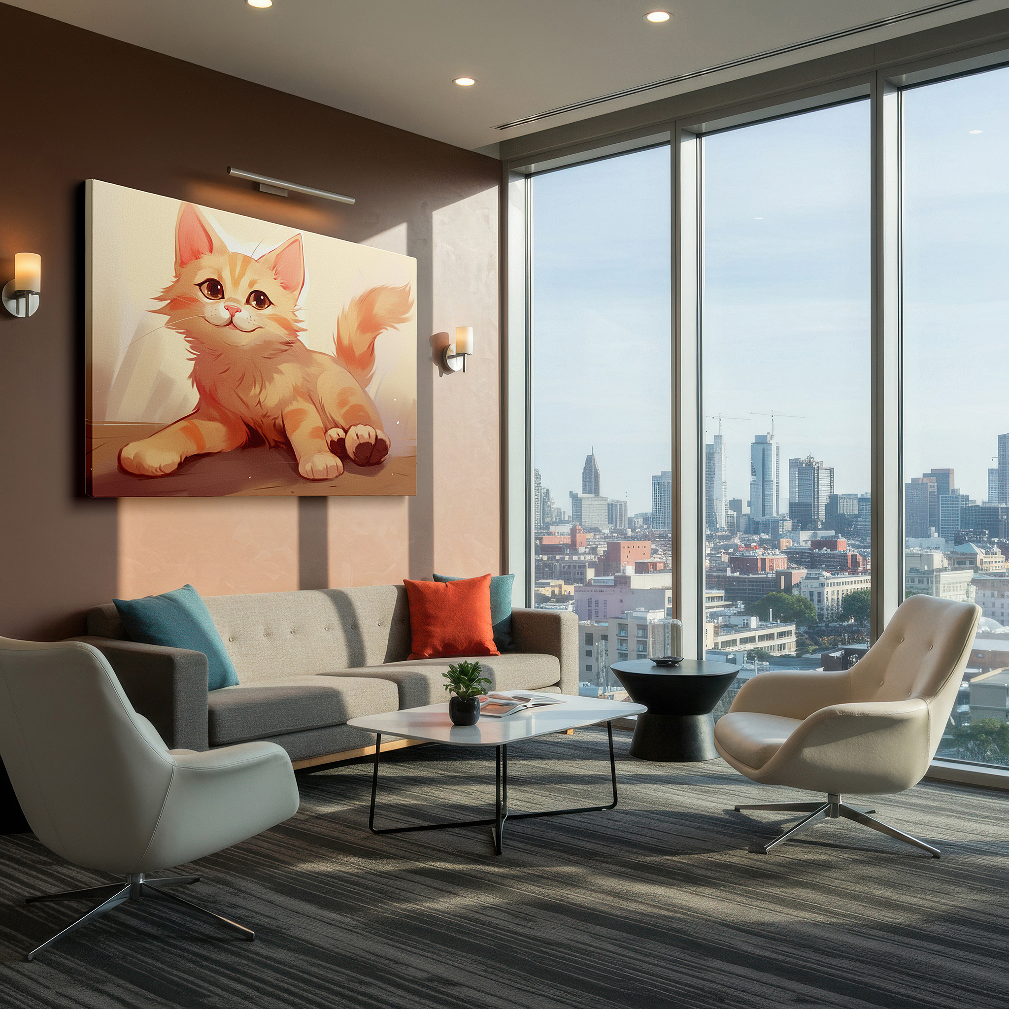 Mounted in a loft-style interior with exposed brick walls — peaceful ginger cat in cozy comfort: symbolizing domestic warmth - large wall art, canvas wall art, wall decor for office and bedroom