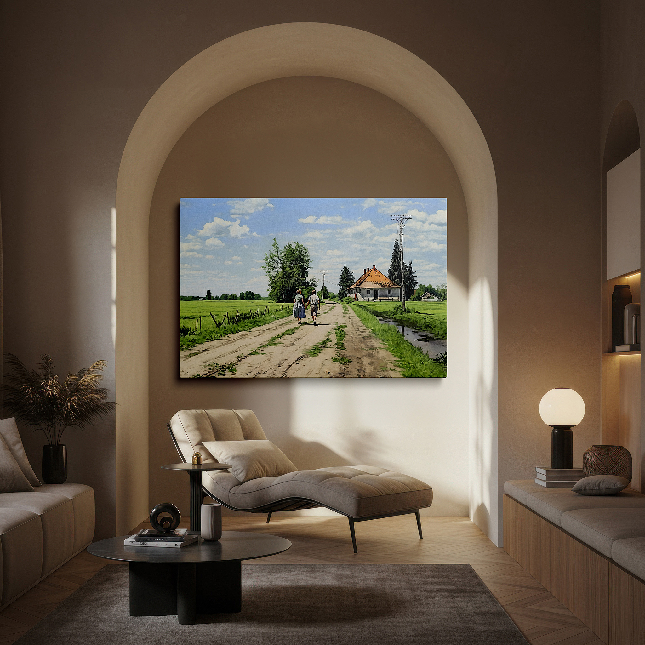 Mounted in a loft-style interior with exposed brick walls — peaceful walk through nature's mosaic, celebrating friendship beneath the expansive blue sky - large wall art, canvas wall art, wall decor for office