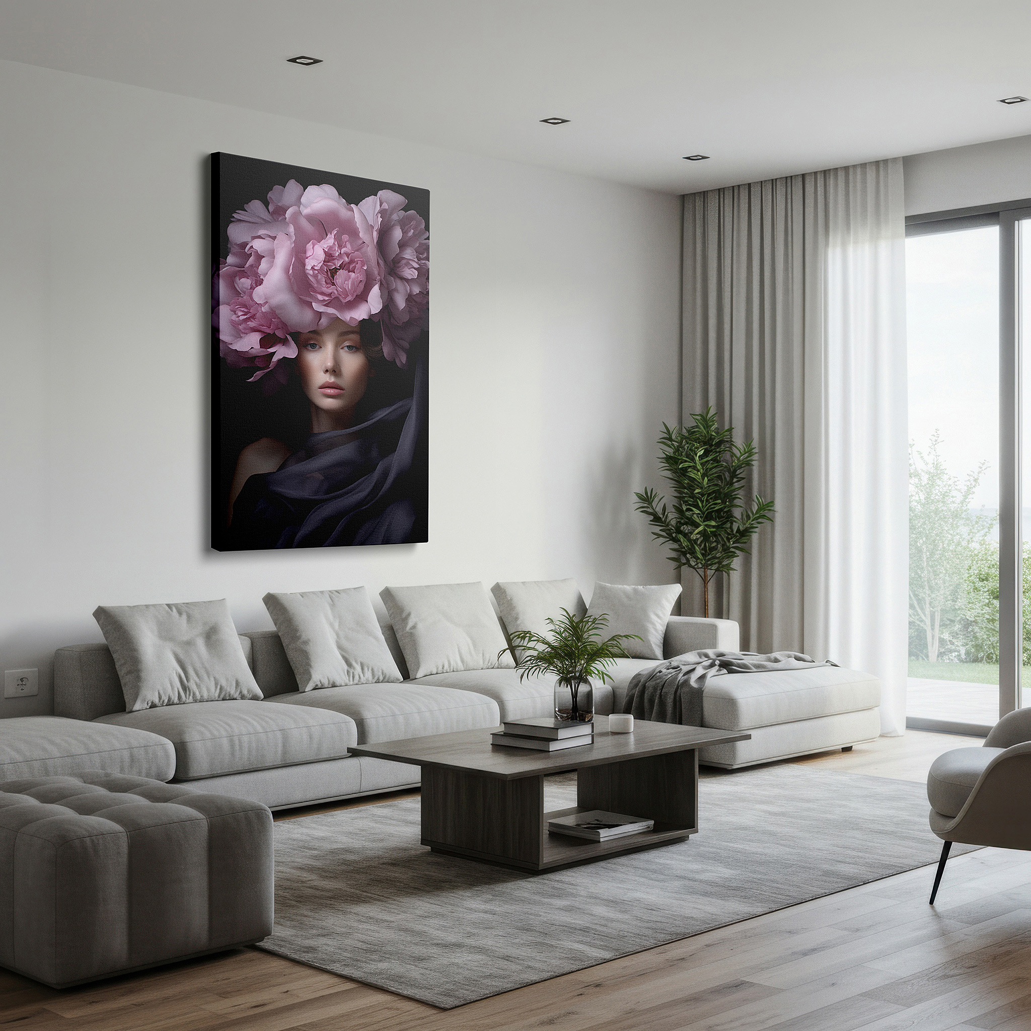 Mounted in a loft-style interior with exposed brick walls — pink floral crown serenity: a portrait of feminine grace and elegance - large canvas wall art for home and office decor