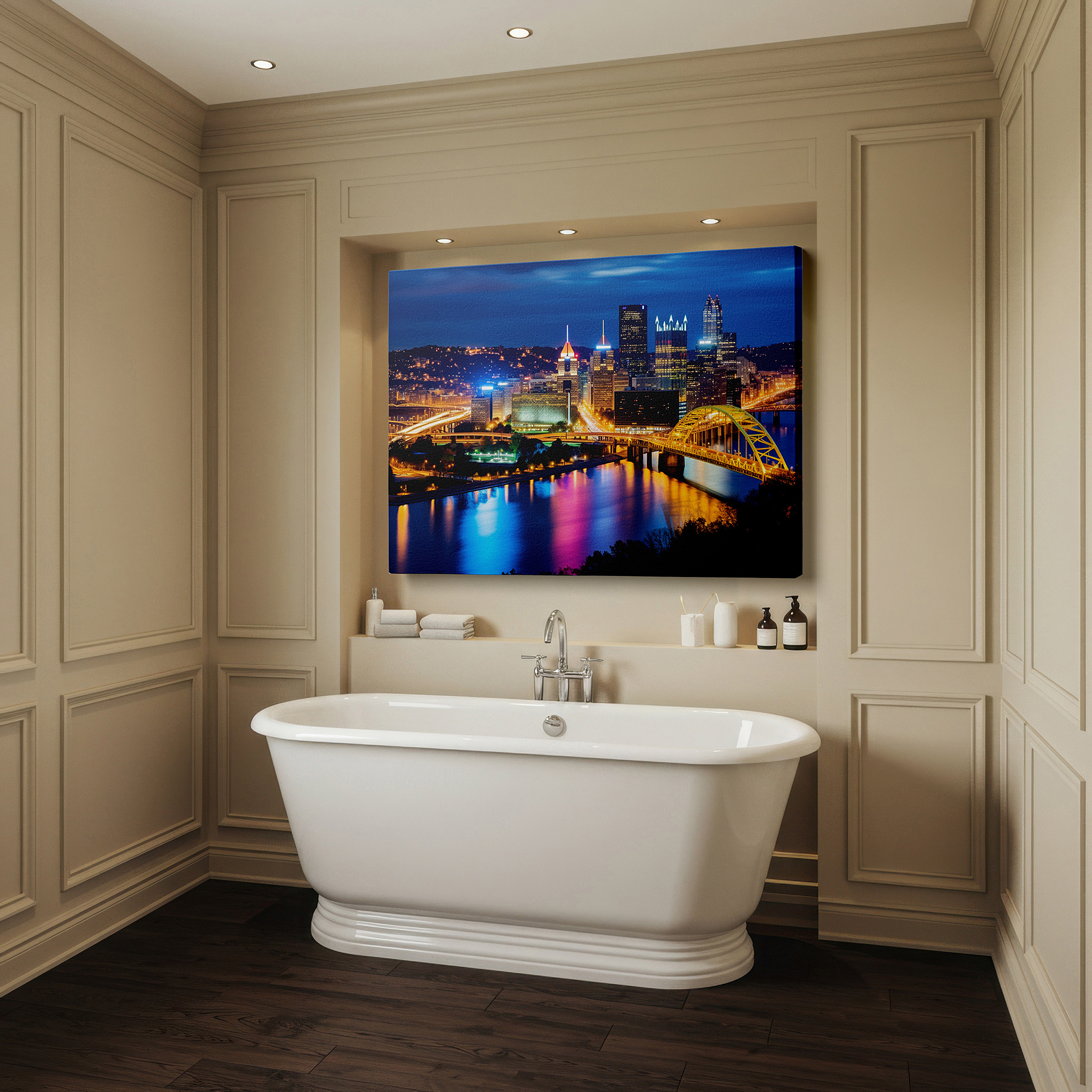 Mounted in a loft-style interior with exposed brick walls — pittsburgh skyline at dusk: a vibrant blend of city buzz and peaceful nature - large wall art, canvas wall art, wall decor for office