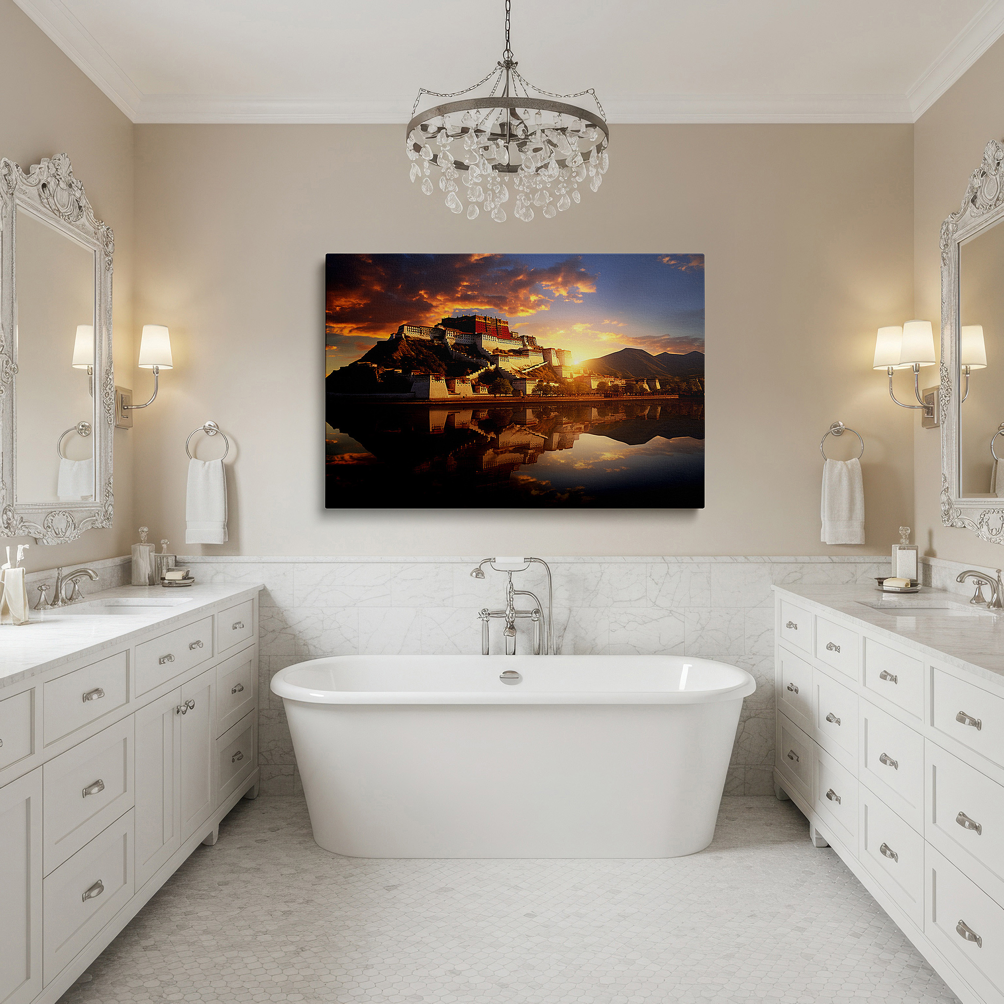 Mounted in a loft-style interior with exposed brick walls — potala palace golden hour glow: serene historical and natural reflections - large canvas wall art for office and bedroom decor