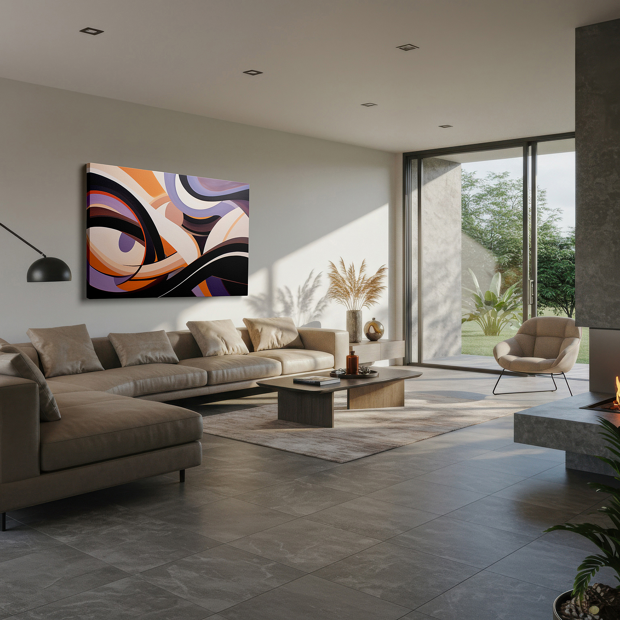 Mounted in a loft-style interior with exposed brick walls — purple and orange harmonious waves, tranquil and vibrant large wall art, canvas wall decor for office and bedroom