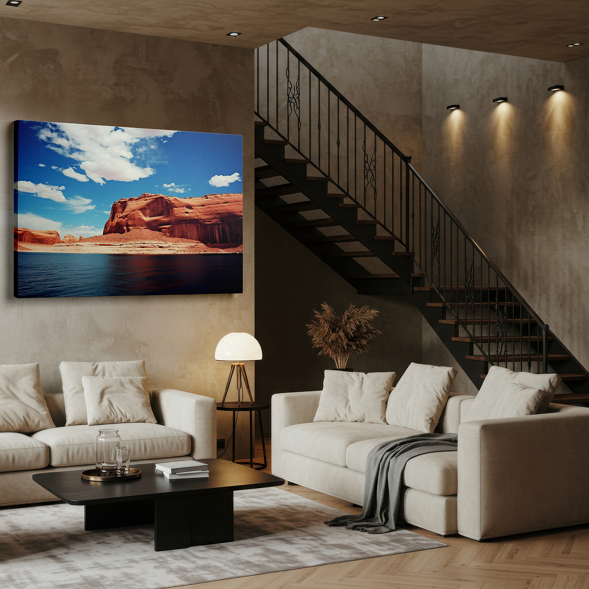 Mounted in a loft-style interior with exposed brick walls — red rocks and reflective waters under a blue sky large canvas wall art for office and bedroom decor