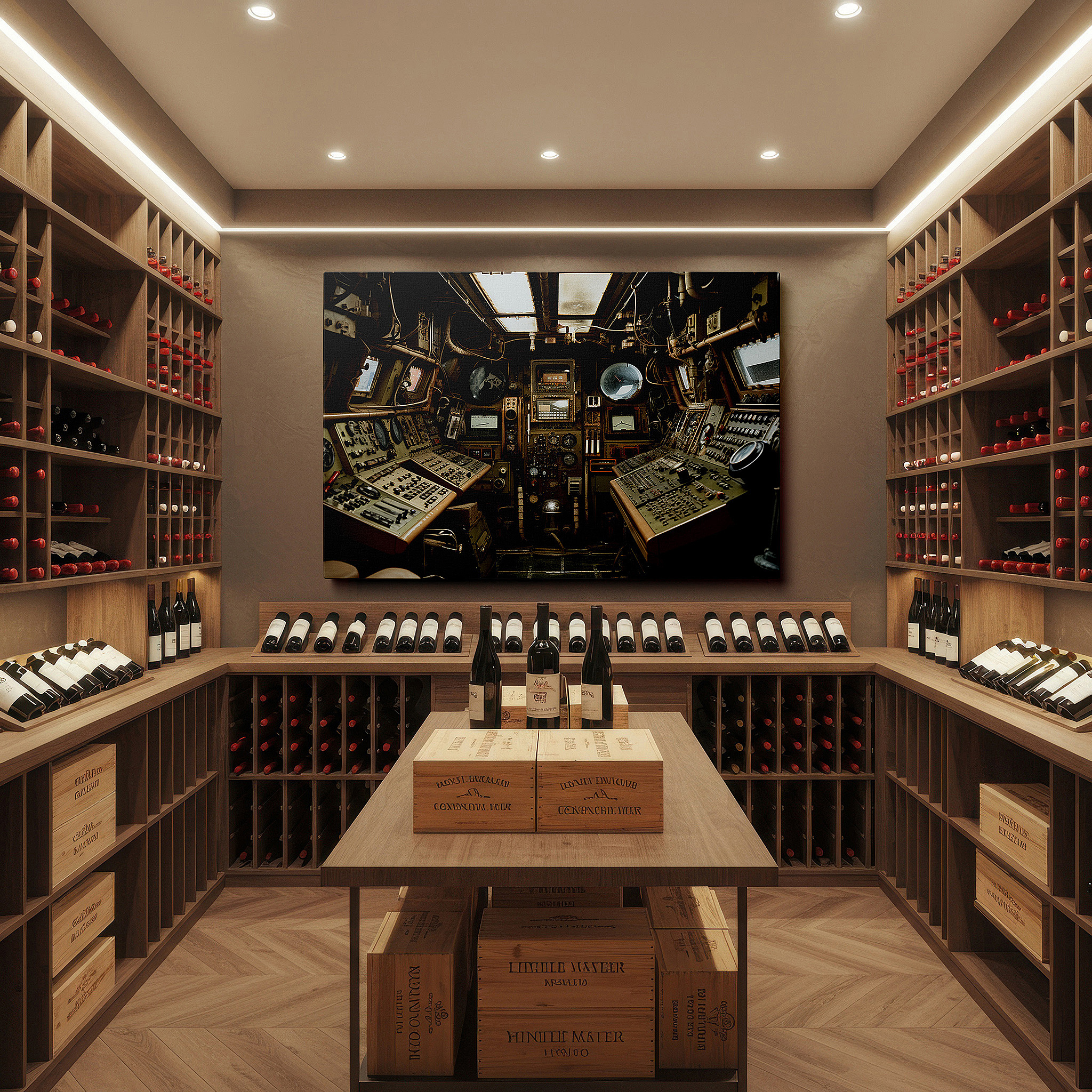 Mounted in a loft-style interior with exposed brick walls — retro control room wall art - a vivid display of technological evolution featuring detailed machinery and human ingenuity, available as large canvas wall art